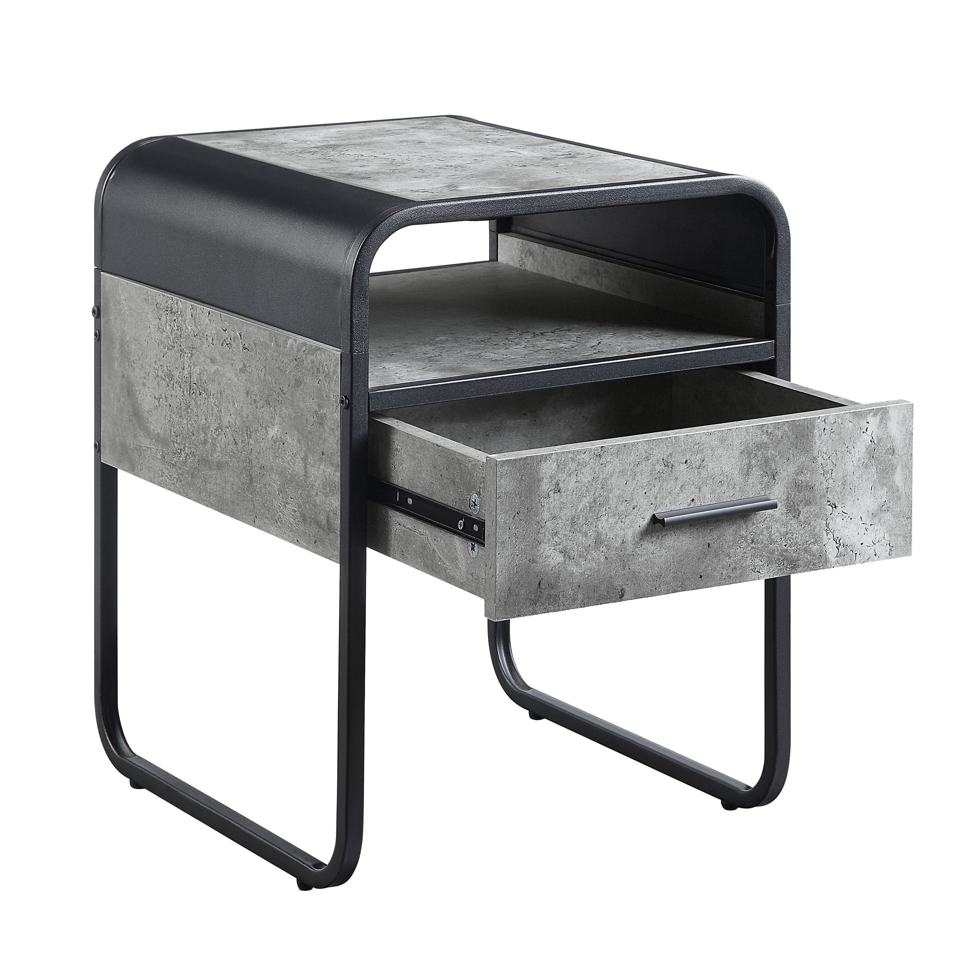 Industrial style side table with concrete finish top open shelf and a single drawer