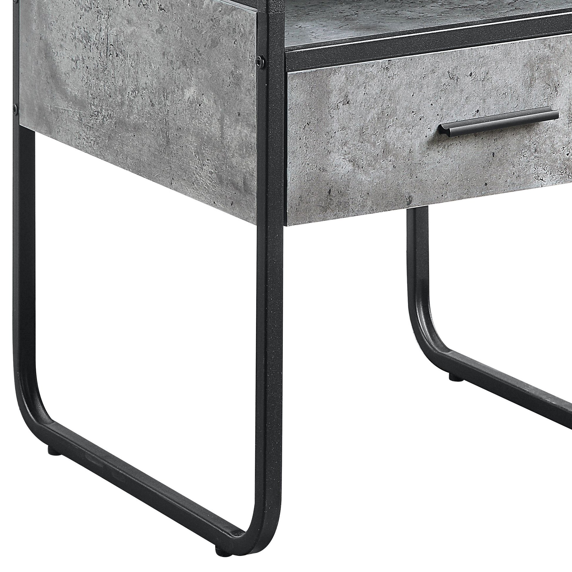 Industrial style bedside table with faux concrete drawer and black metal frame