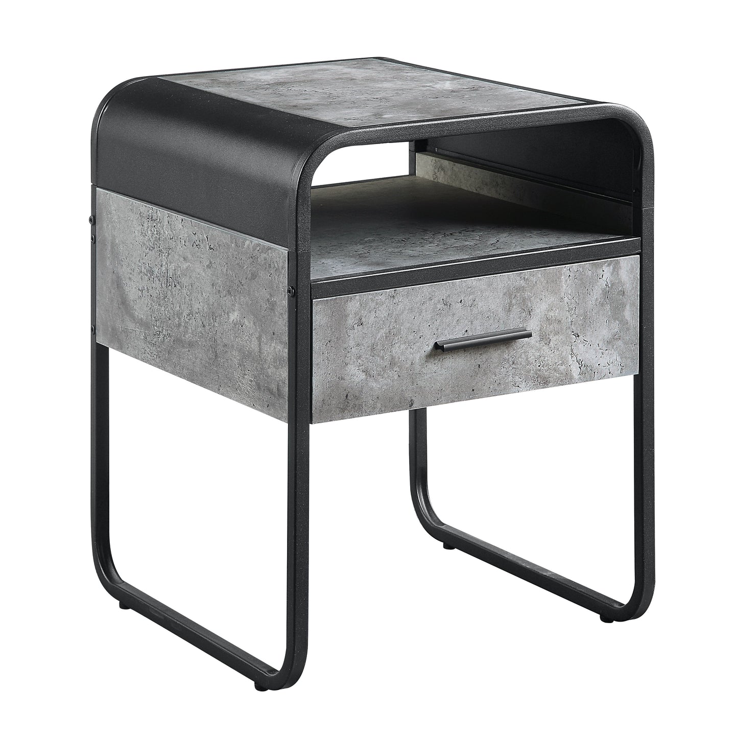 Industrial style black metal and concrete effect end table with drawer