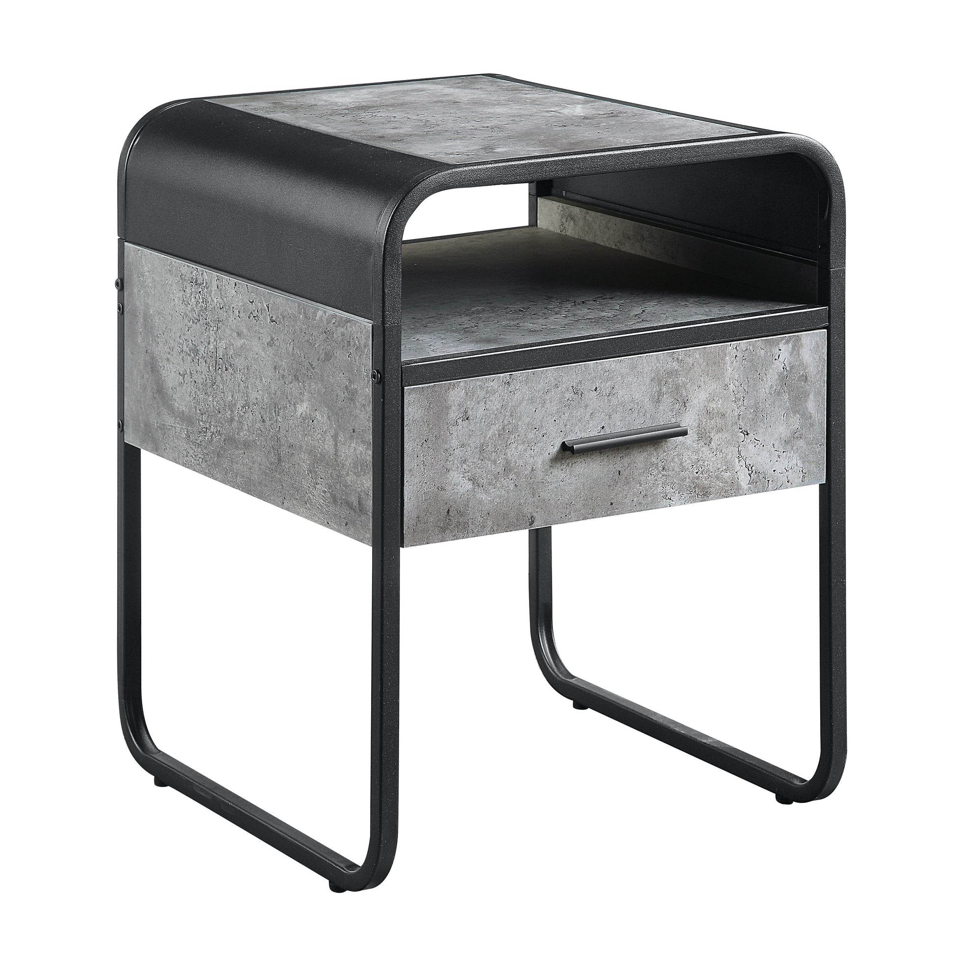 Industrial style black metal and concrete effect end table with drawer