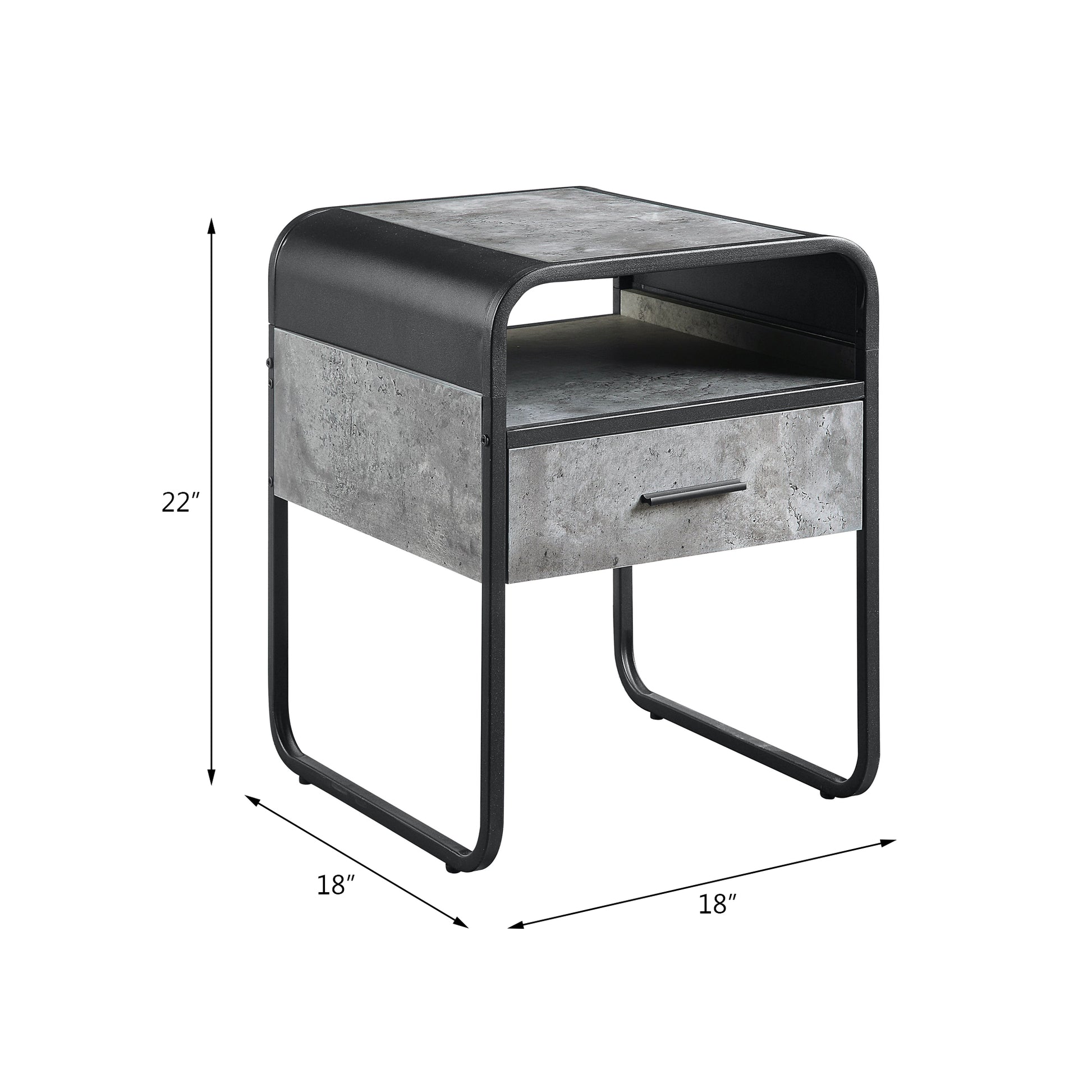 Modern industrial nightstand with concretelook top and drawer on black metal frame