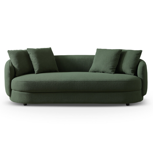 Deep green boucle fabric modern sofa with four plush throw pillows