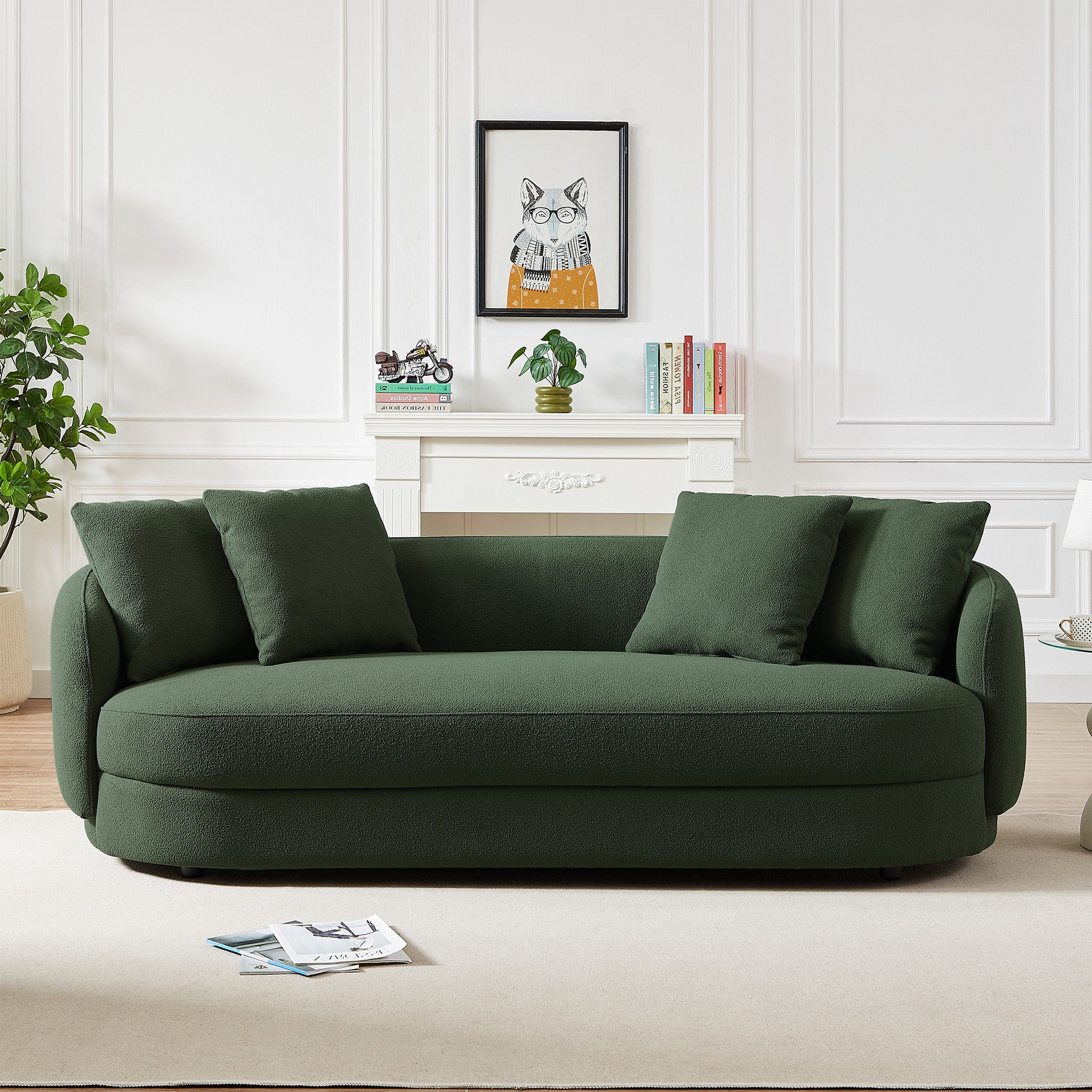 Dark green boucl fabric sofa with four plush cushions in a modern living room