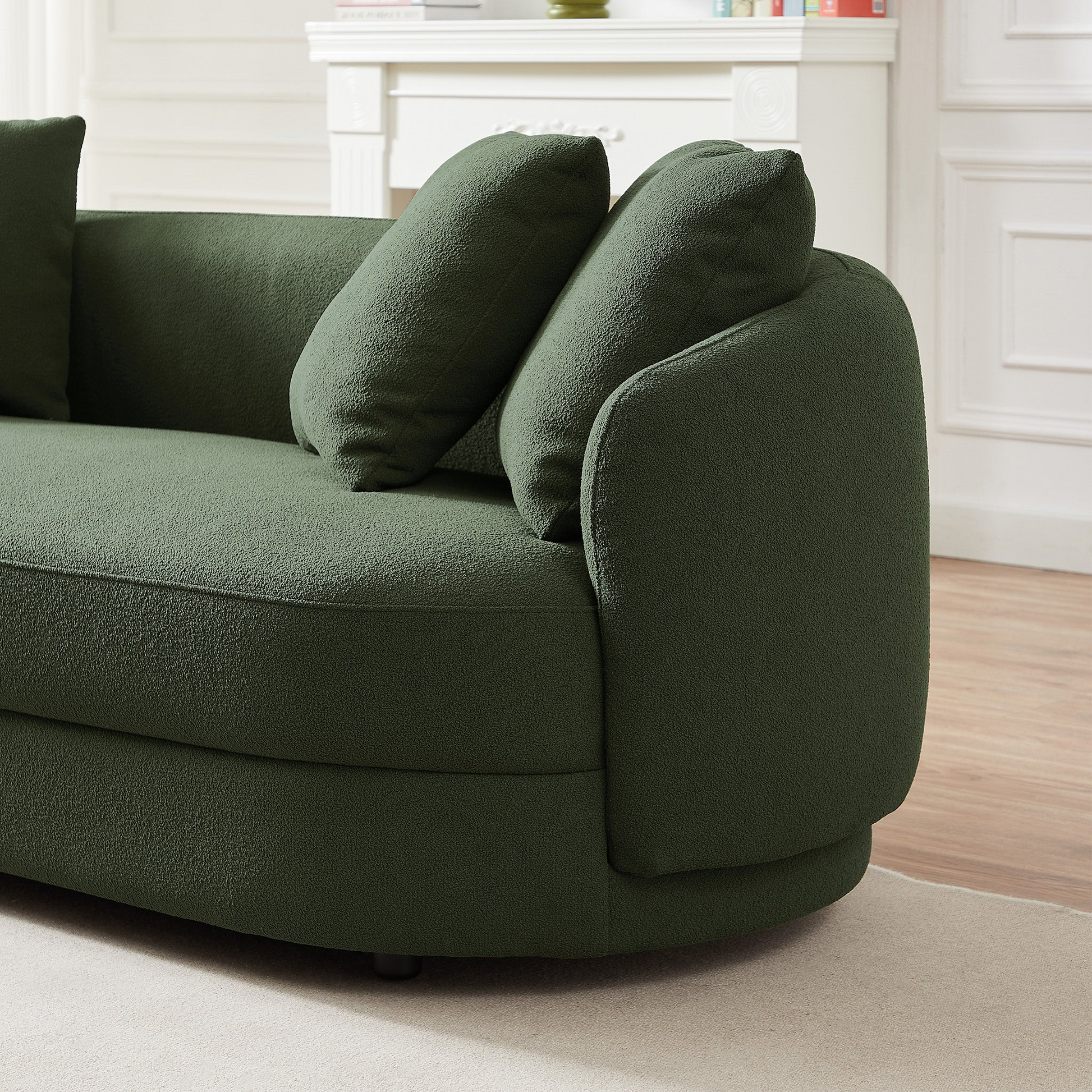 Deep green boucl fabric sofa with plush accent pillows modern design for living room comfort