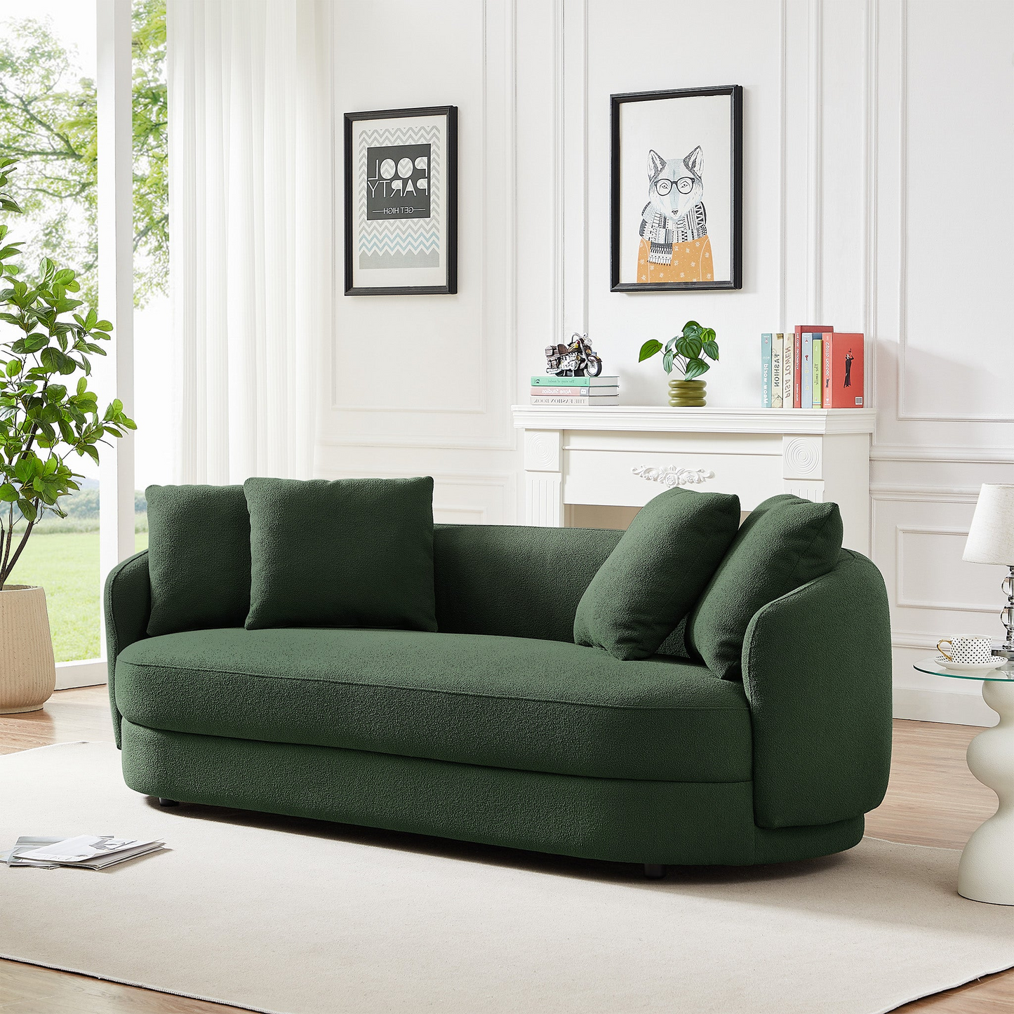 Deep green boucle sofa with plush cushions and rounded arms perfect for living room comfort