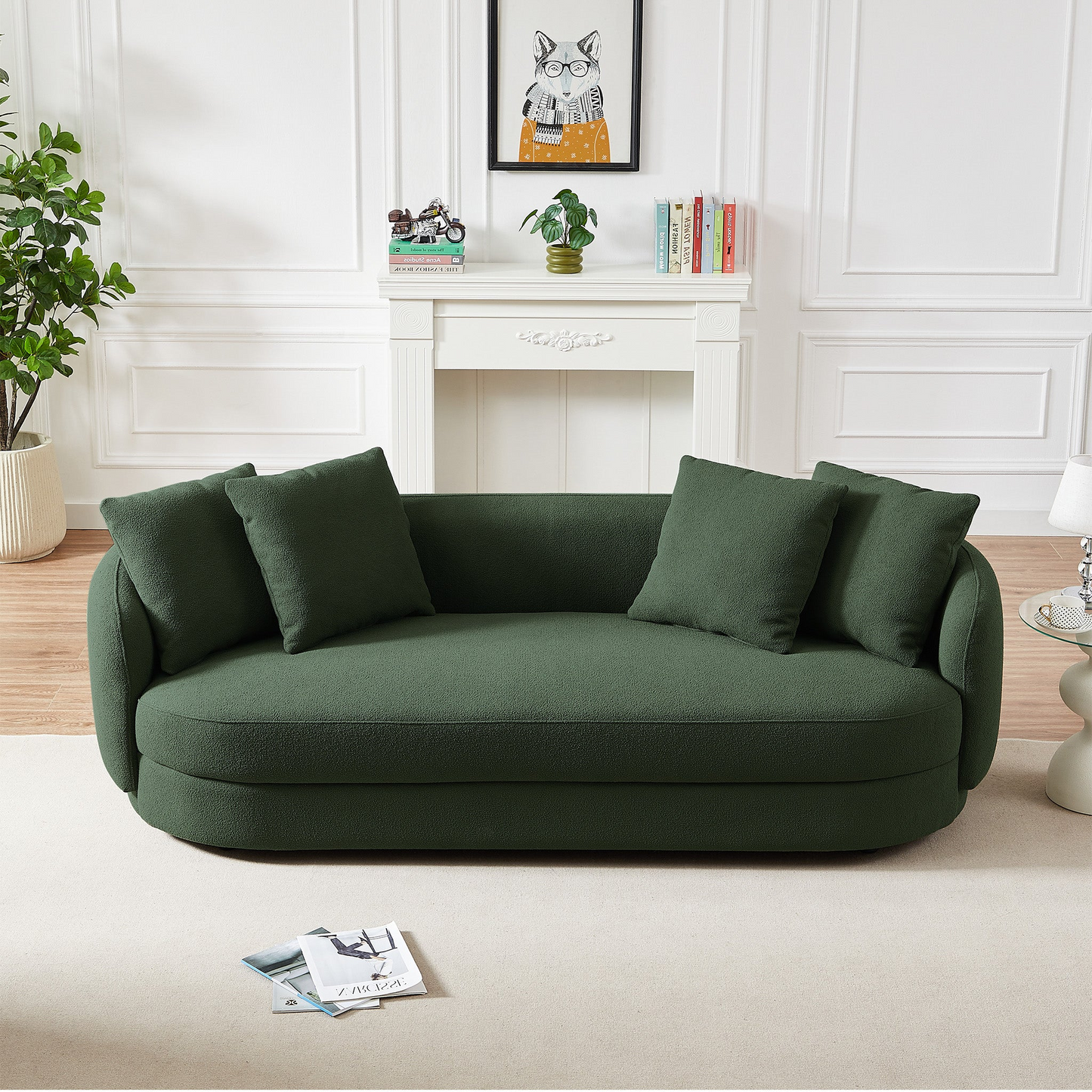 Modern boucle fabric sofa in deep forest green with plush cushions perfect for living room