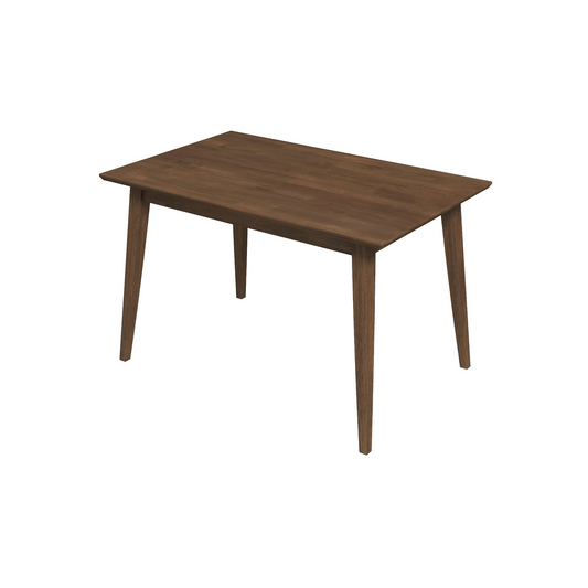 Midcentury modern dining table with dark walnut finish and tapered legs