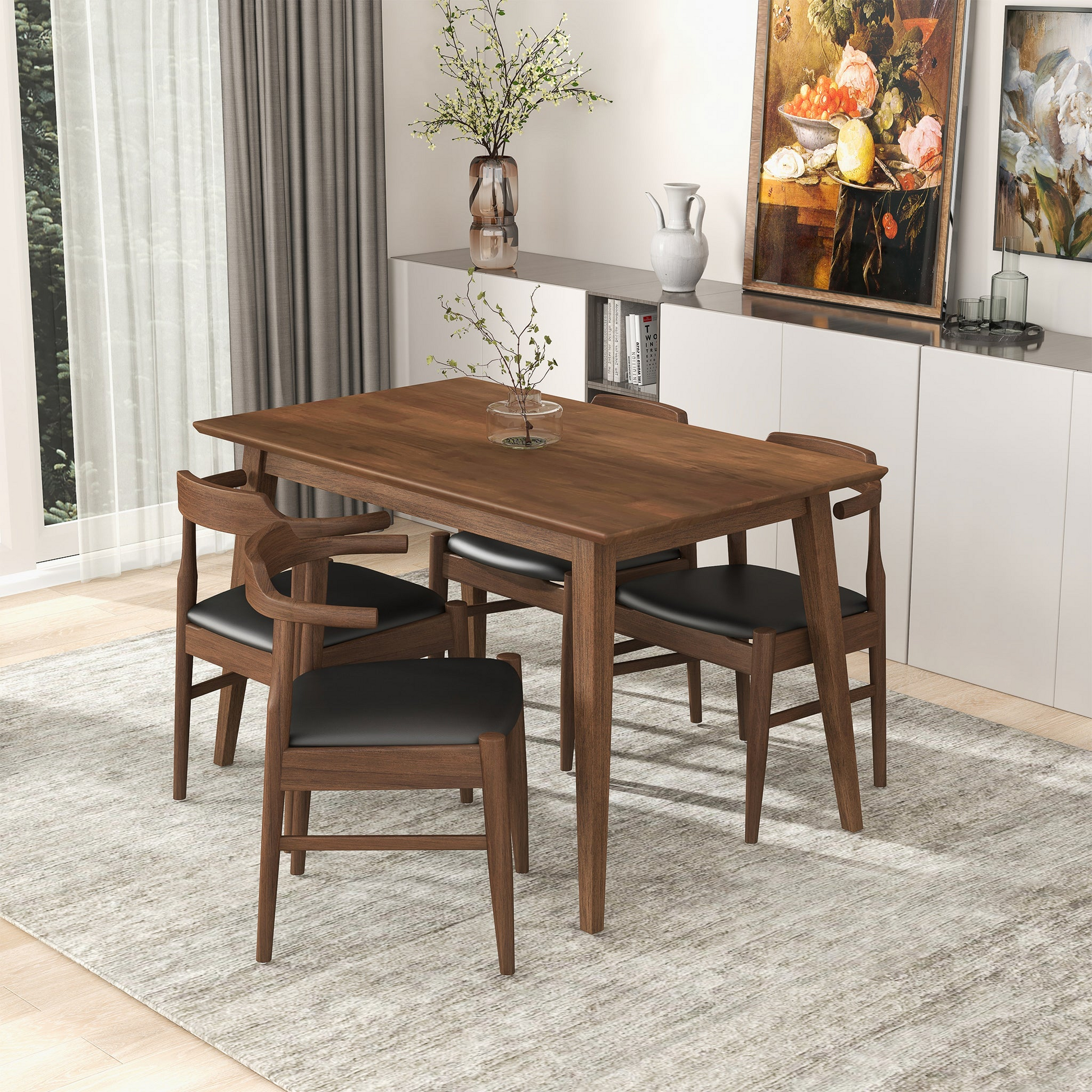 Midcentury modern dining table and four chairs with black seats
