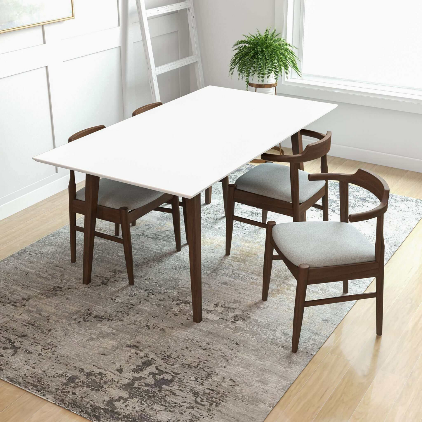 Modern white rectangular dining table with four wooden chairs featuring grey upholstered seats