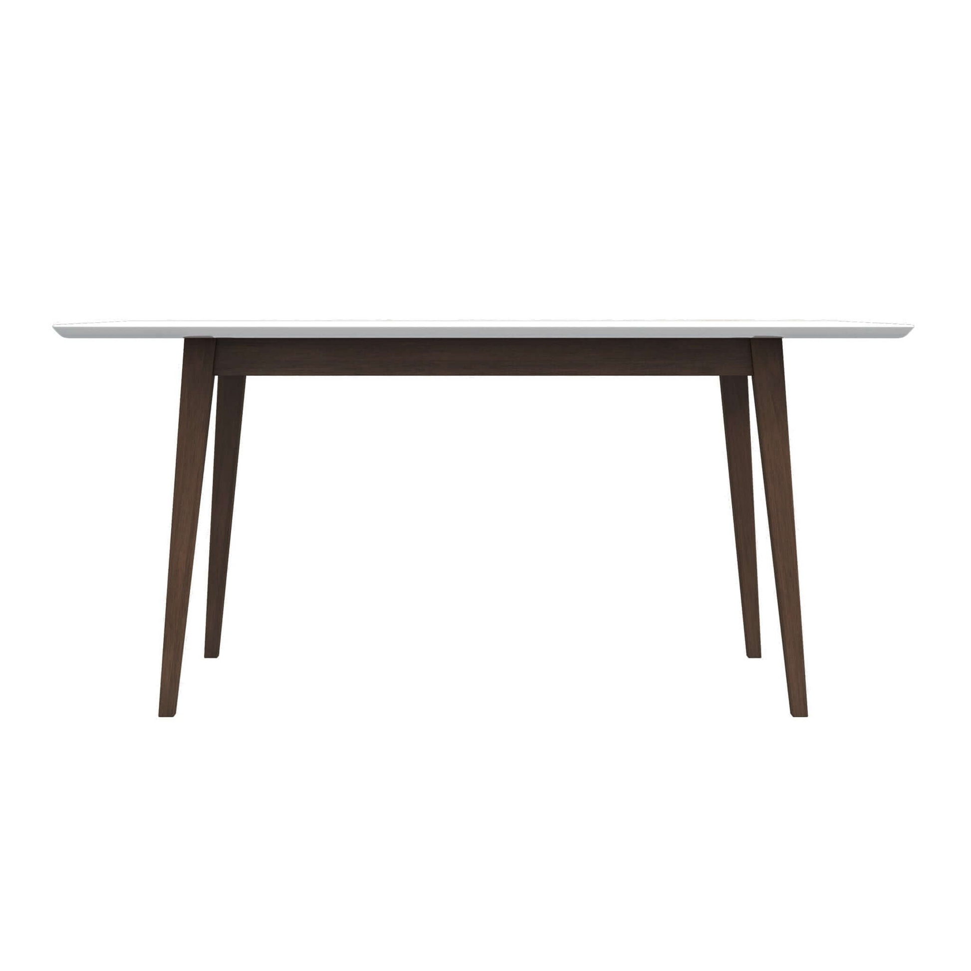 Rectangular white dining table with angled dark wood legs midcentury modern style