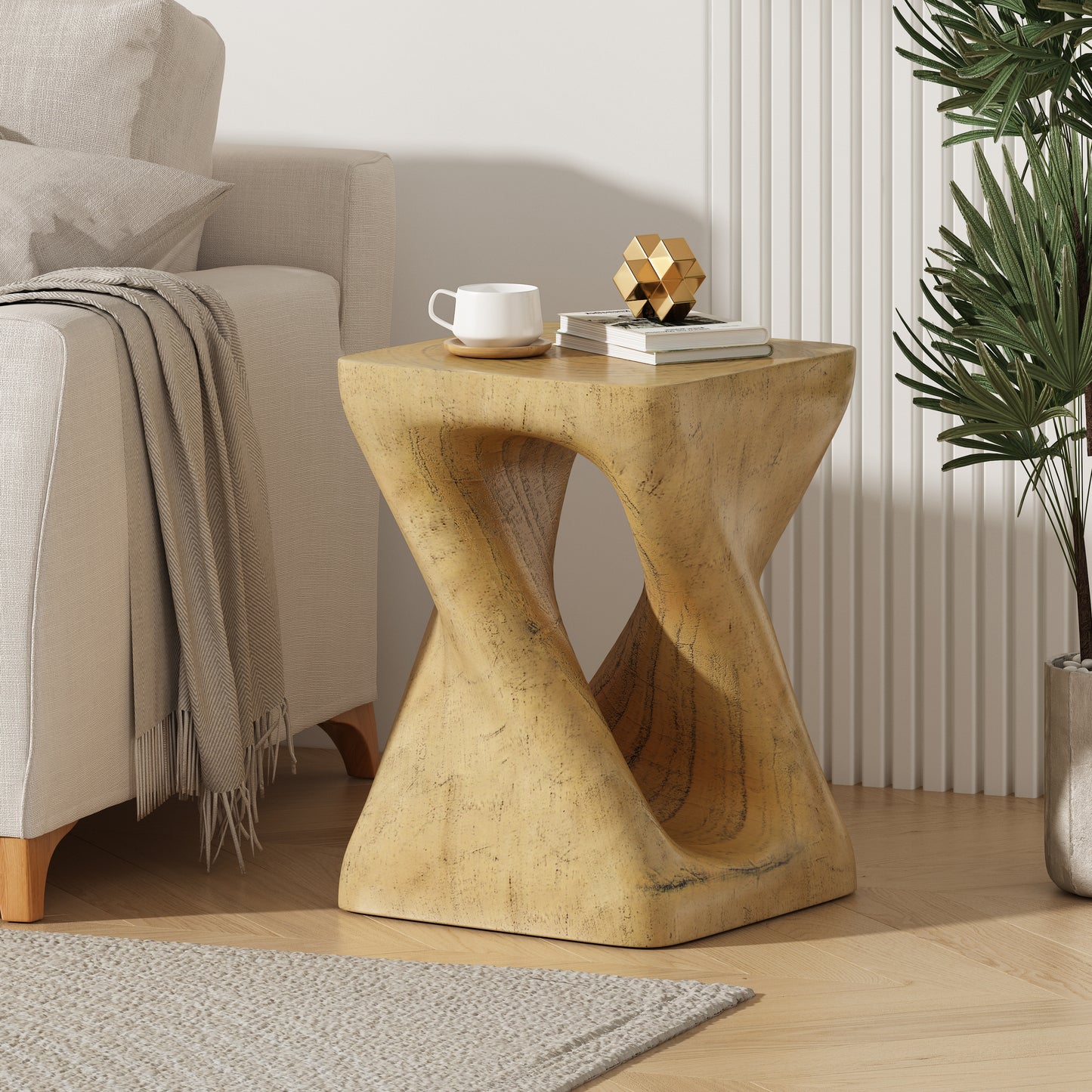 Wooden hourglass accent table with a natural grain finish perfect for modern living rooms