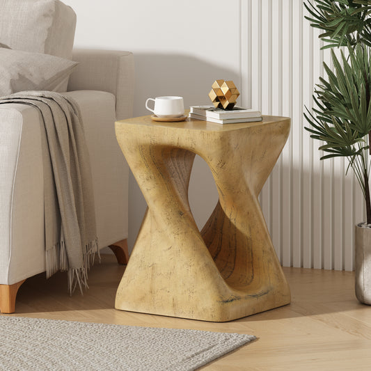 Wooden hourglass accent table with a natural grain finish perfect for modern living rooms