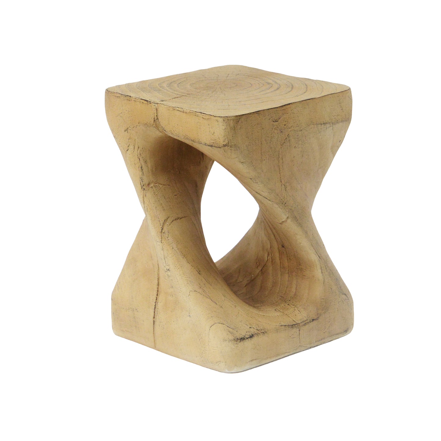Natural wood carved stool with unique hourglass shape and rustic finish