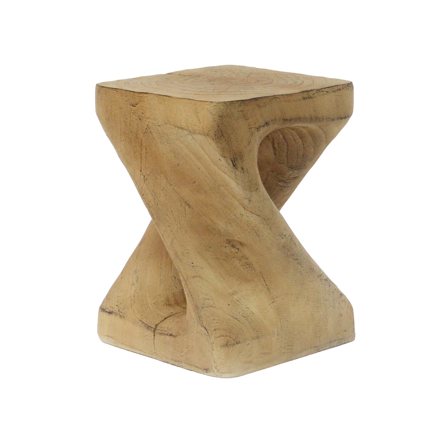 Carved wood accent stool with a unique twisted hourglass design and natural grain