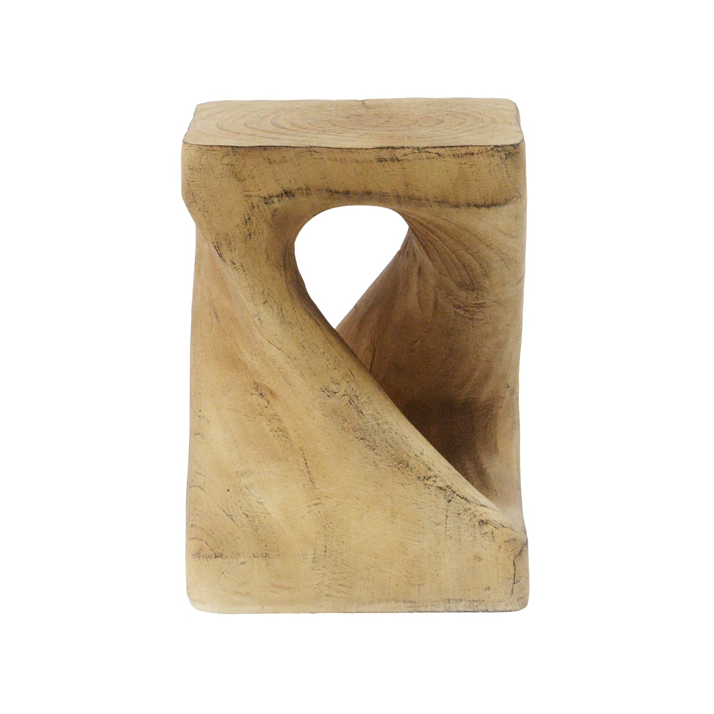 Natural wood accent stool with a twisted hourglass shape and open center