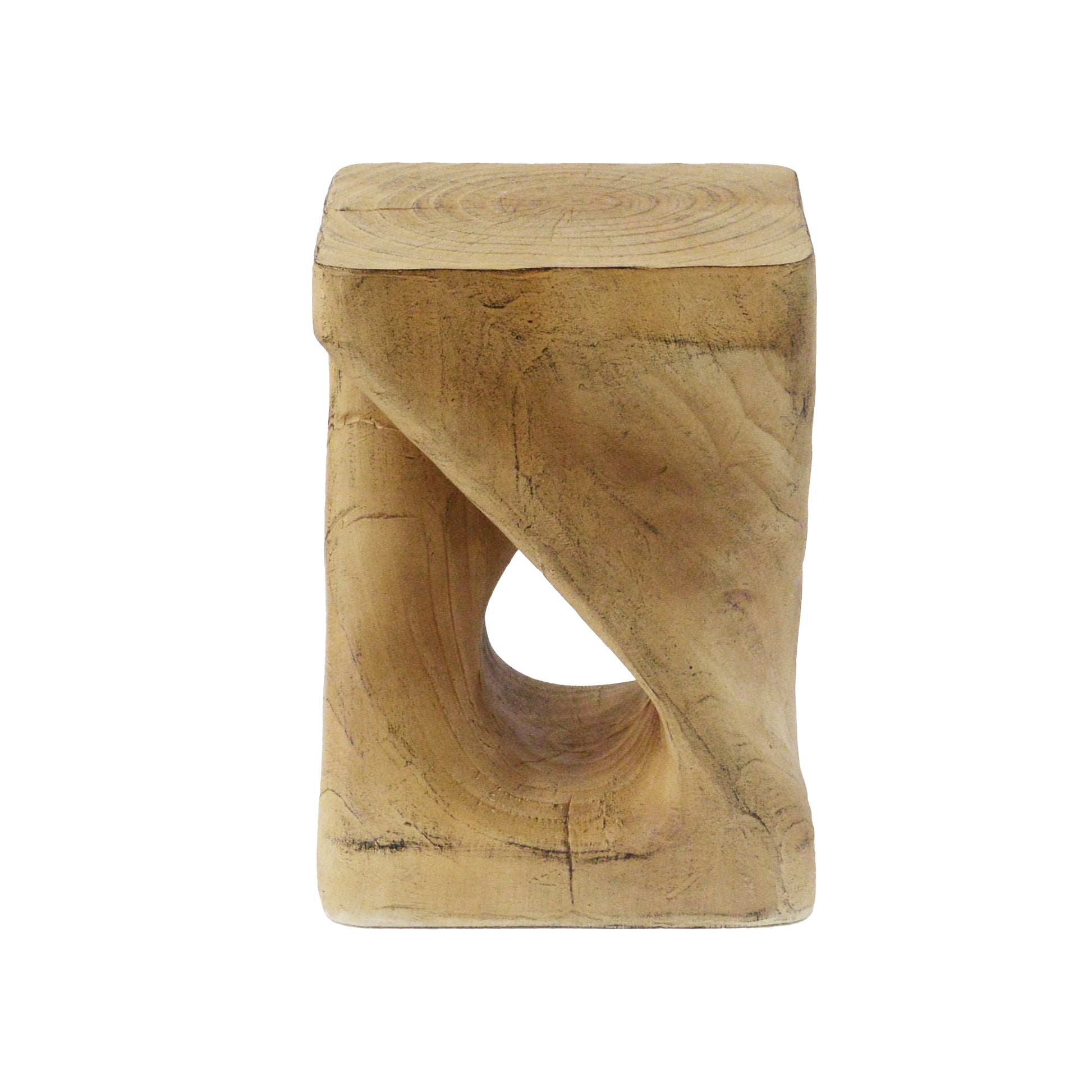 Natural wood accent stool with carved abstract design and a cutout opening