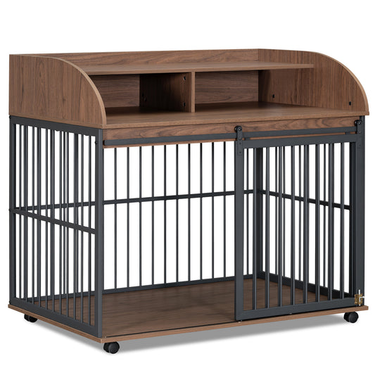 Rustic woodgrain dog crate furniture with black metal bars and open shelving