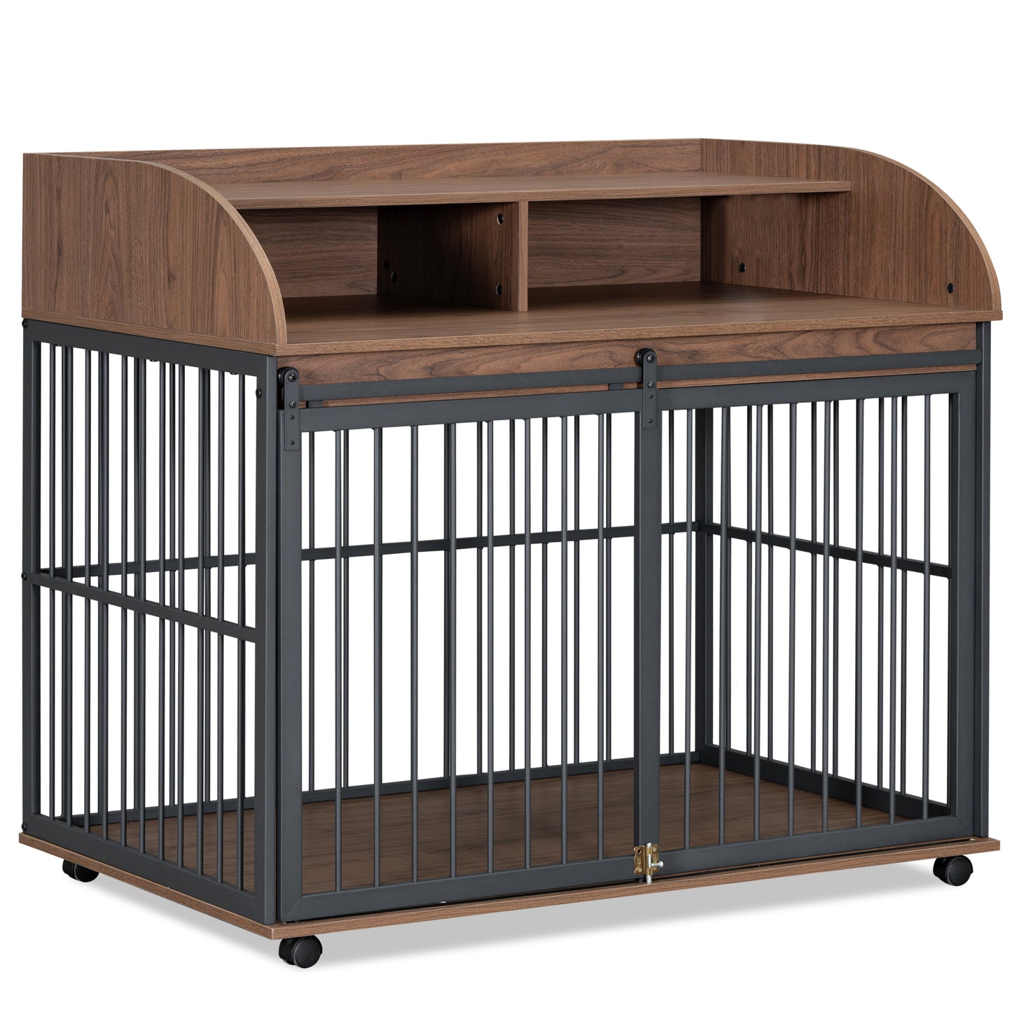 Modern walnut wood and dark metal dog crate with sliding door and storage shelf