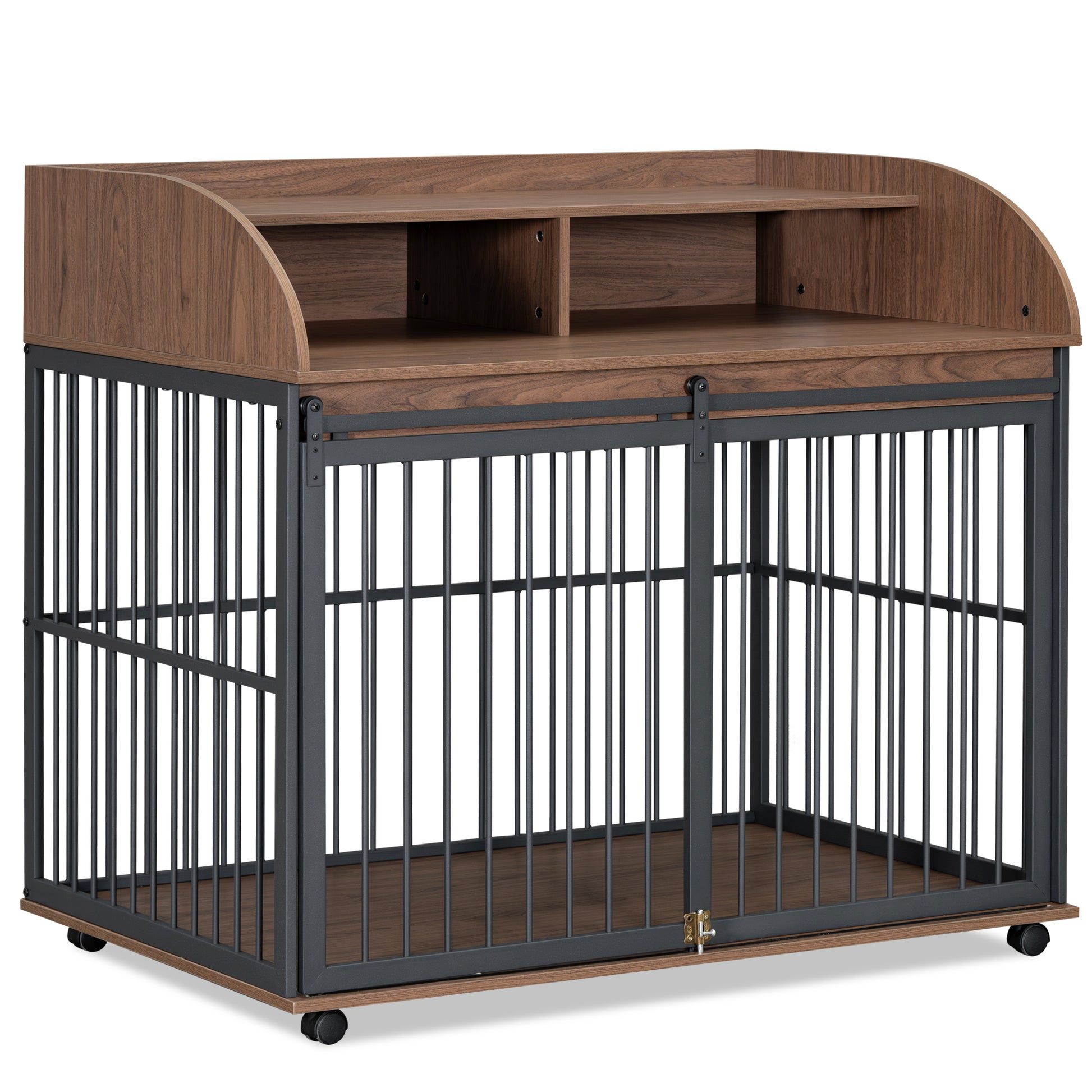 Modern walnut wood and dark metal dog crate with sliding door and storage shelf