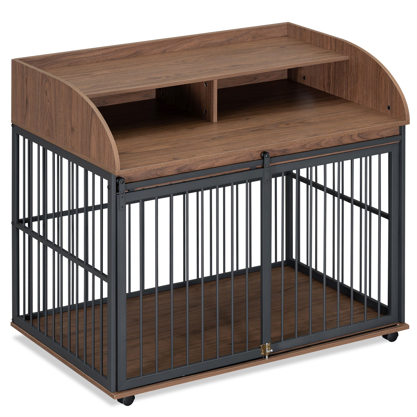Walnutfinish wooden top dog crate with black metal bars and double doors