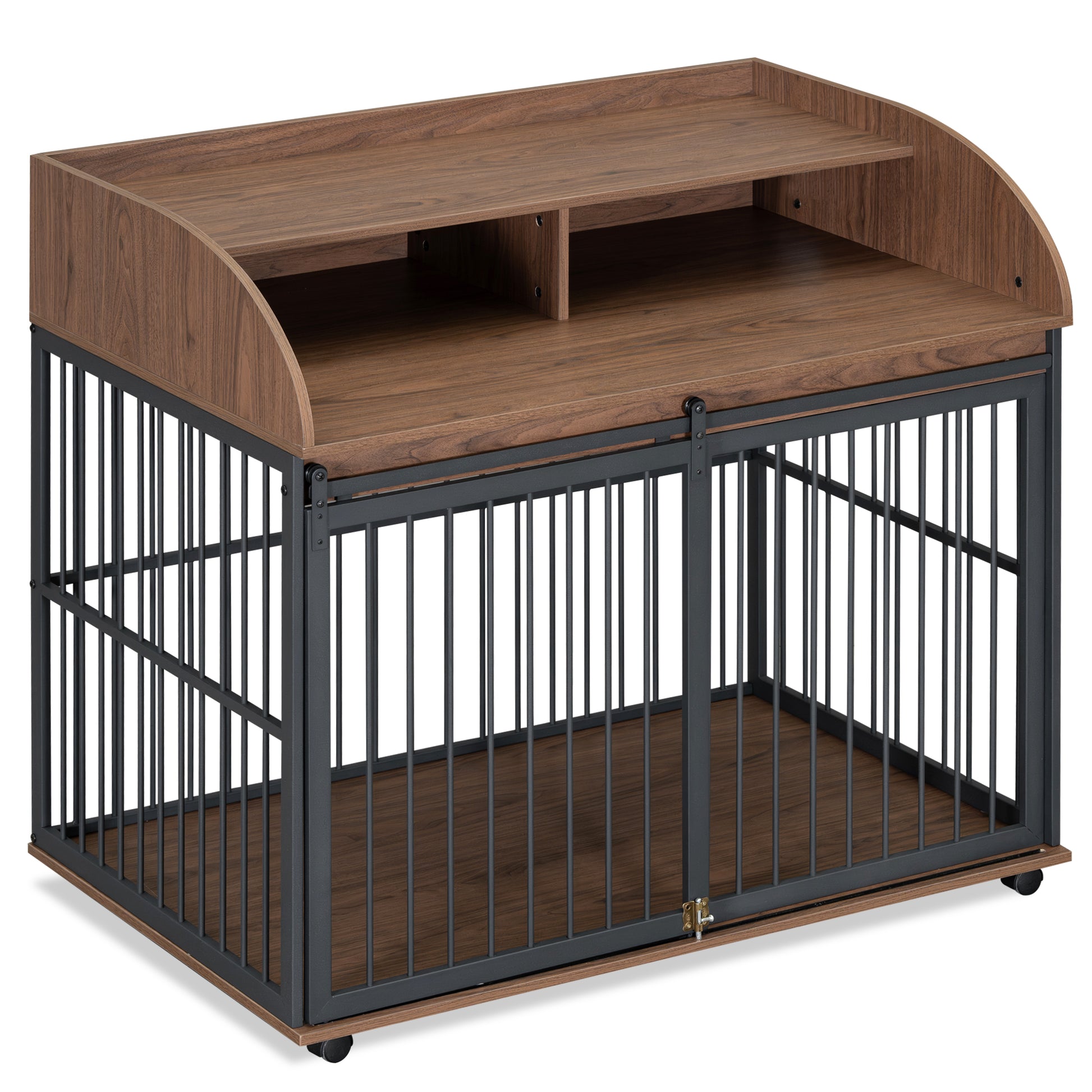 Walnutfinish wooden top dog crate with black metal bars and double doors