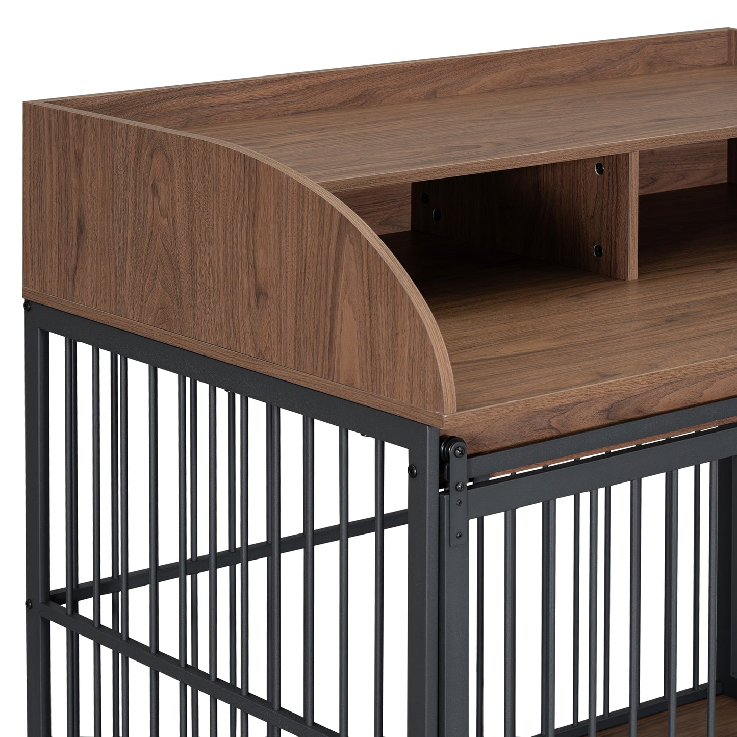 Closeup of a dark wood grain top shelf and black metal cagelike frame of a cart