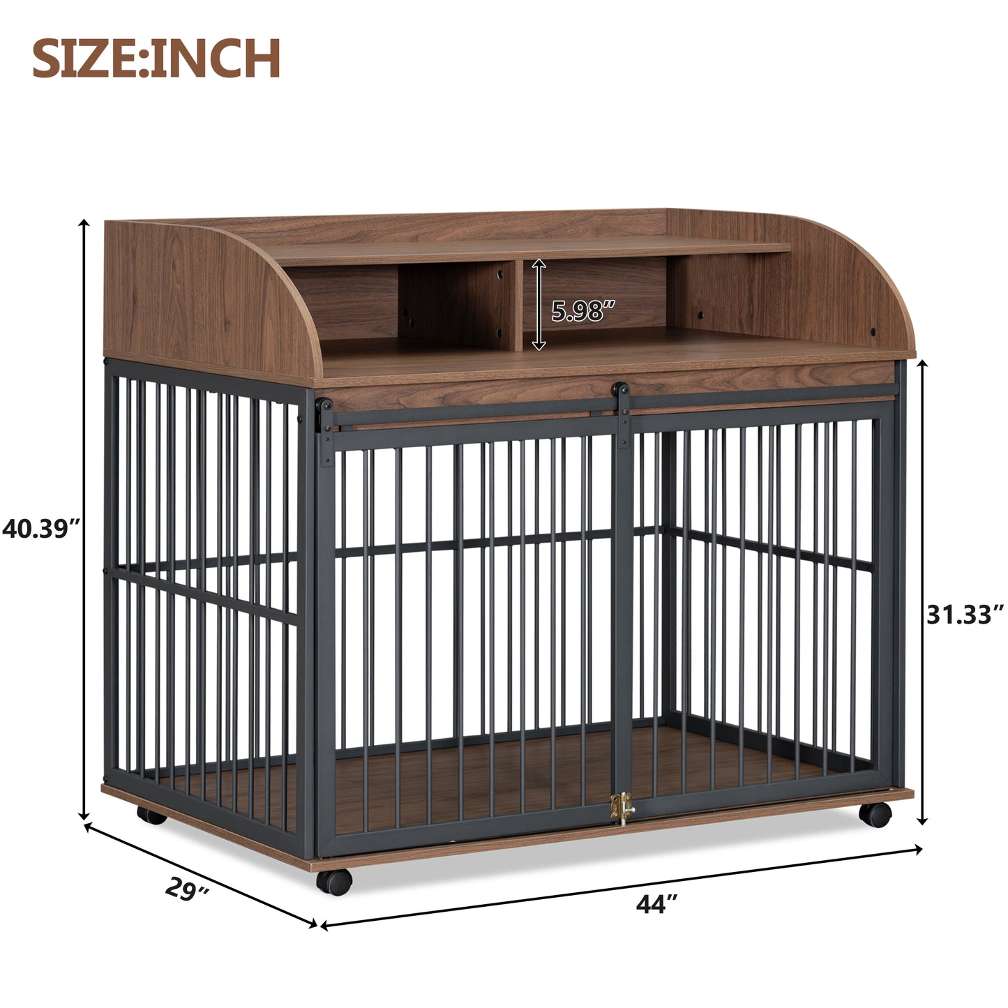 Modern dark wood and black metal dog crate with casters and open top shelf