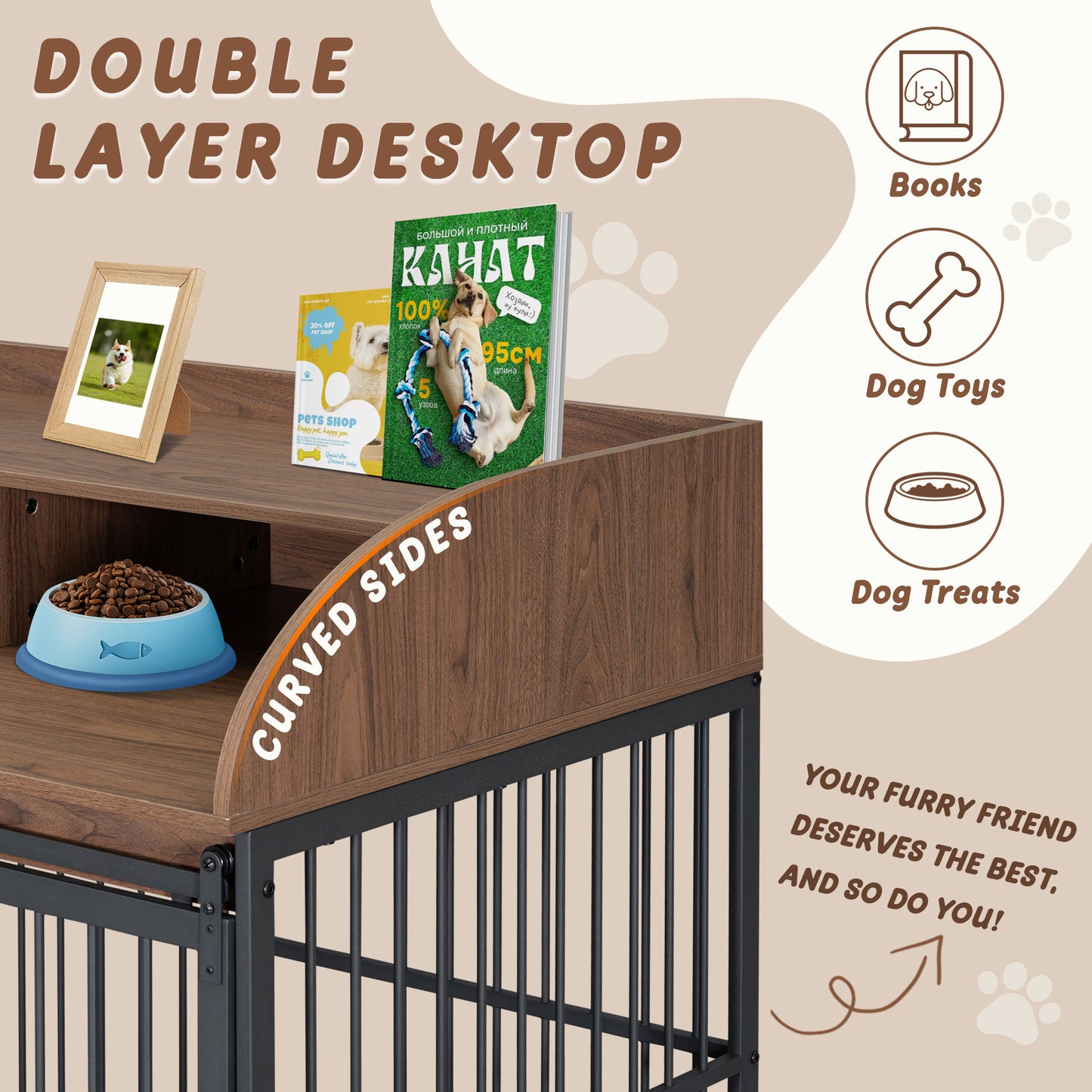 Wooden double layer desktop with dog food bowl and framed pet photo