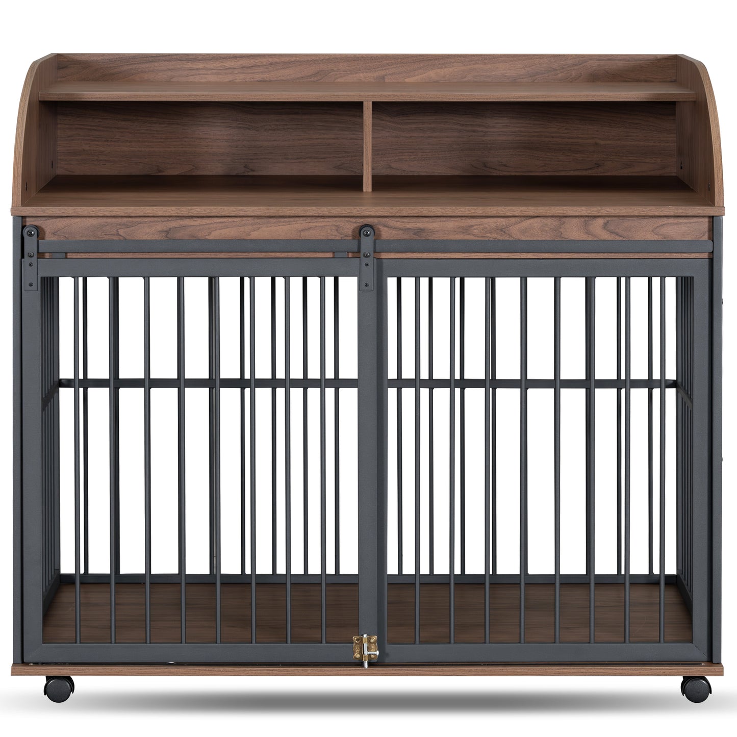 Modern walnut and metal dog crate with sliding doors and top shelving