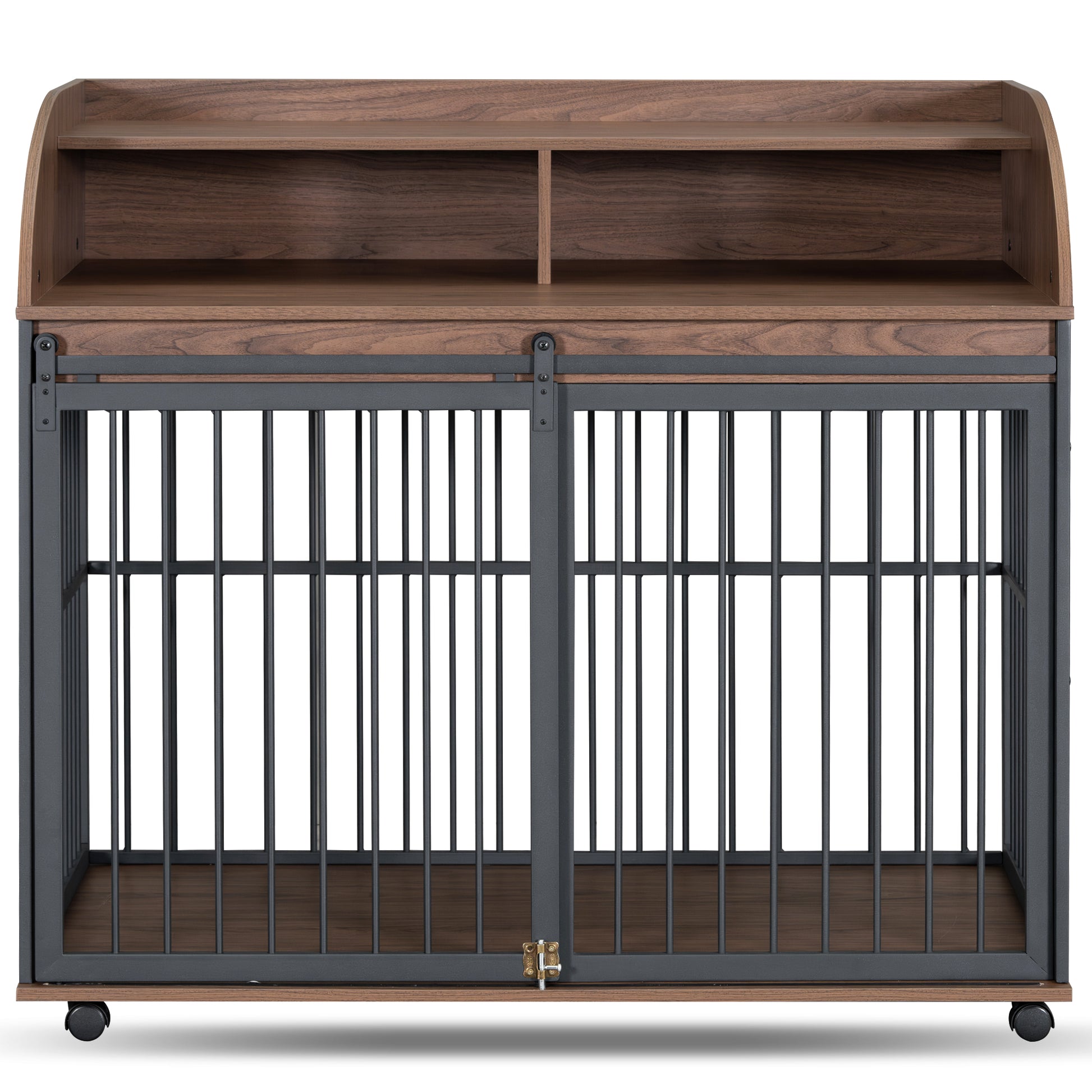 Modern walnut and metal dog crate with sliding doors and top shelving