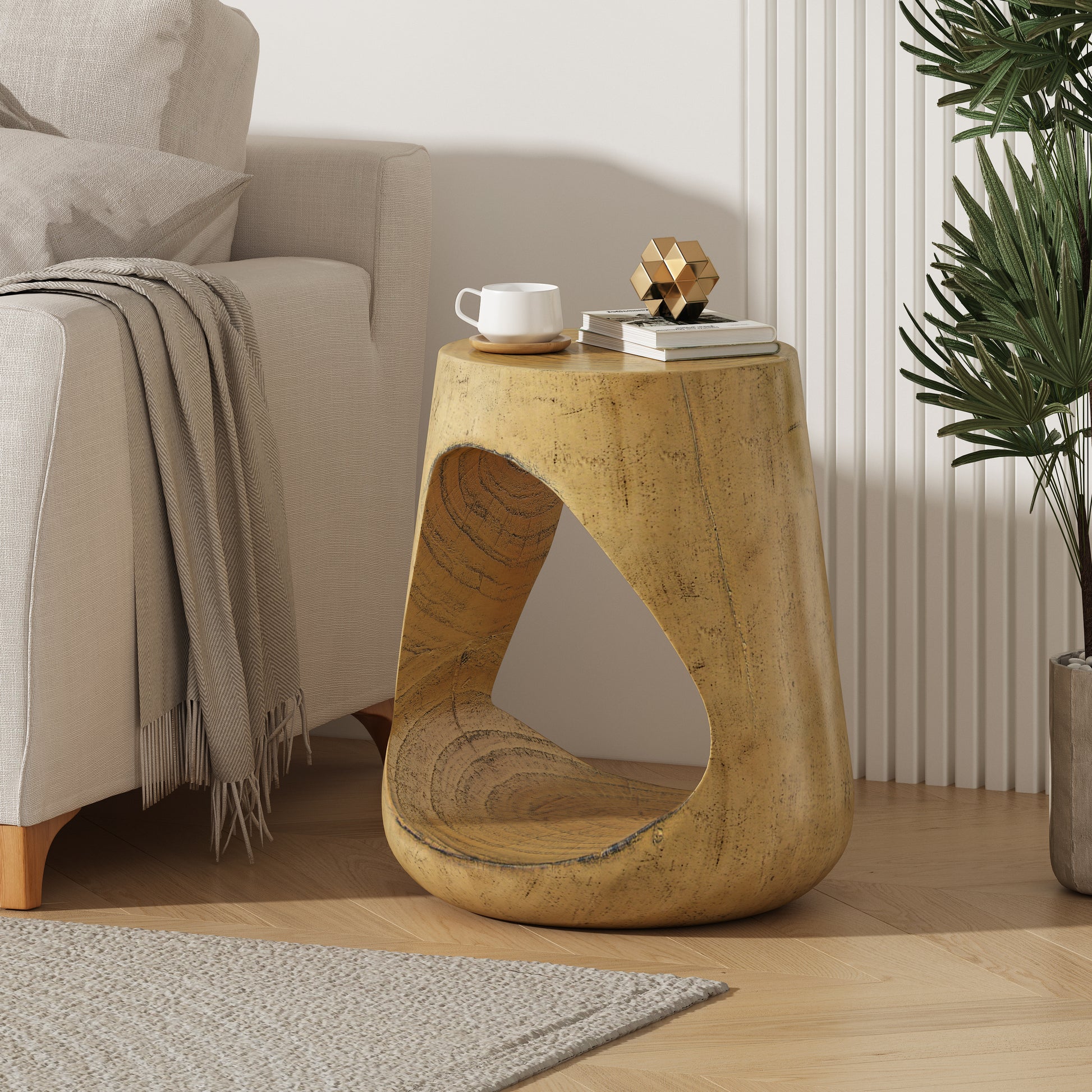 Unique wooden side table with a striking carvedout center perfect for modern living rooms