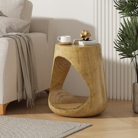 Unique wooden side table with a striking carvedout center perfect for modern living rooms
