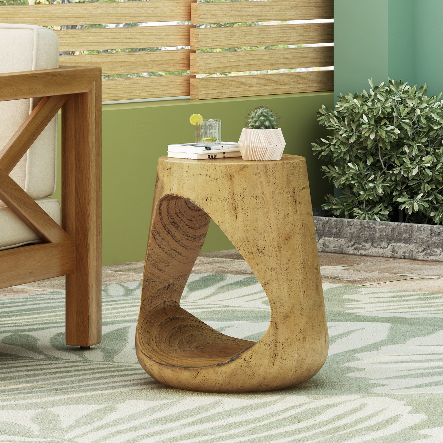 Organic wood accent table with unique cutout design and natural finish perfect for modern living spaces