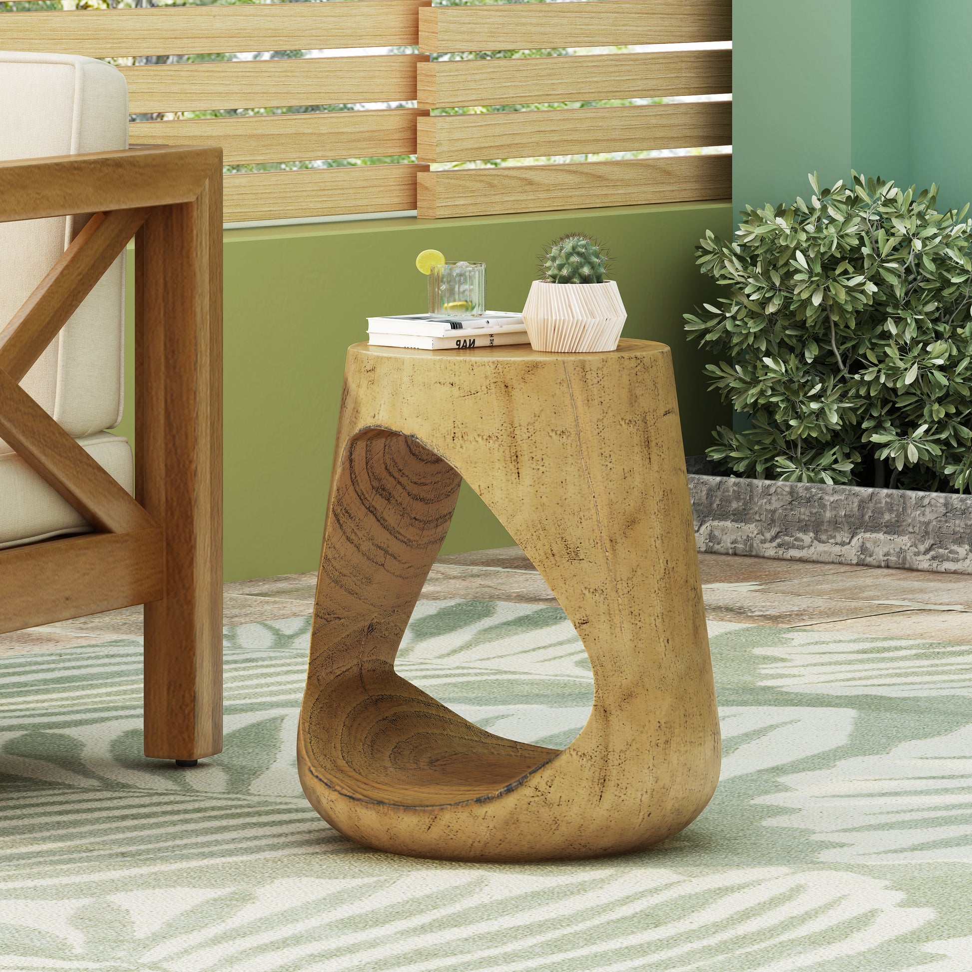 Organic wood accent table with unique cutout design and natural finish perfect for modern living spaces