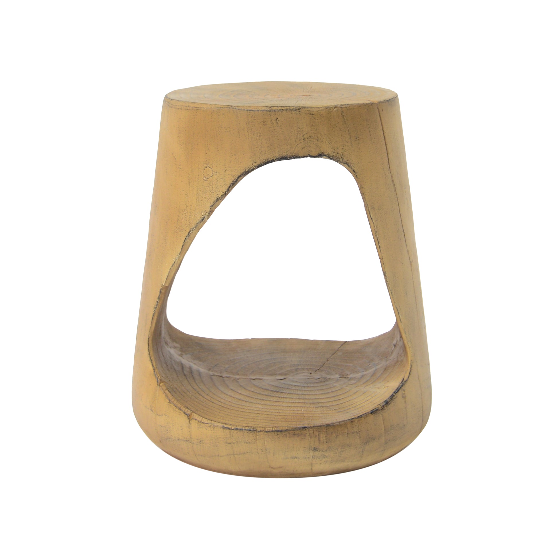 Unique carved wood stool with natural grain golden finish abstract cutout design