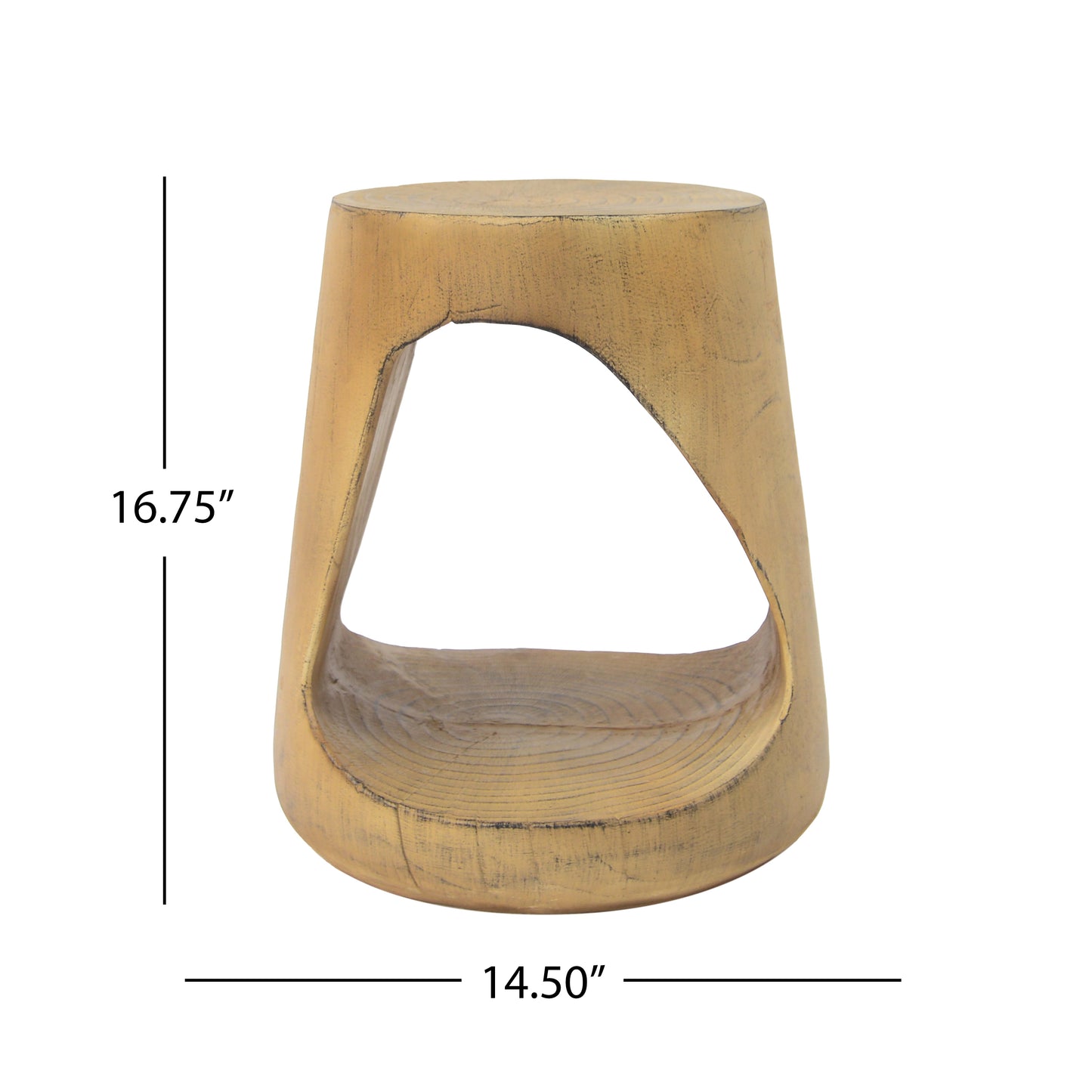 Rustic carved wood accent stool in antique gold finish with cutout base Modern organic side table