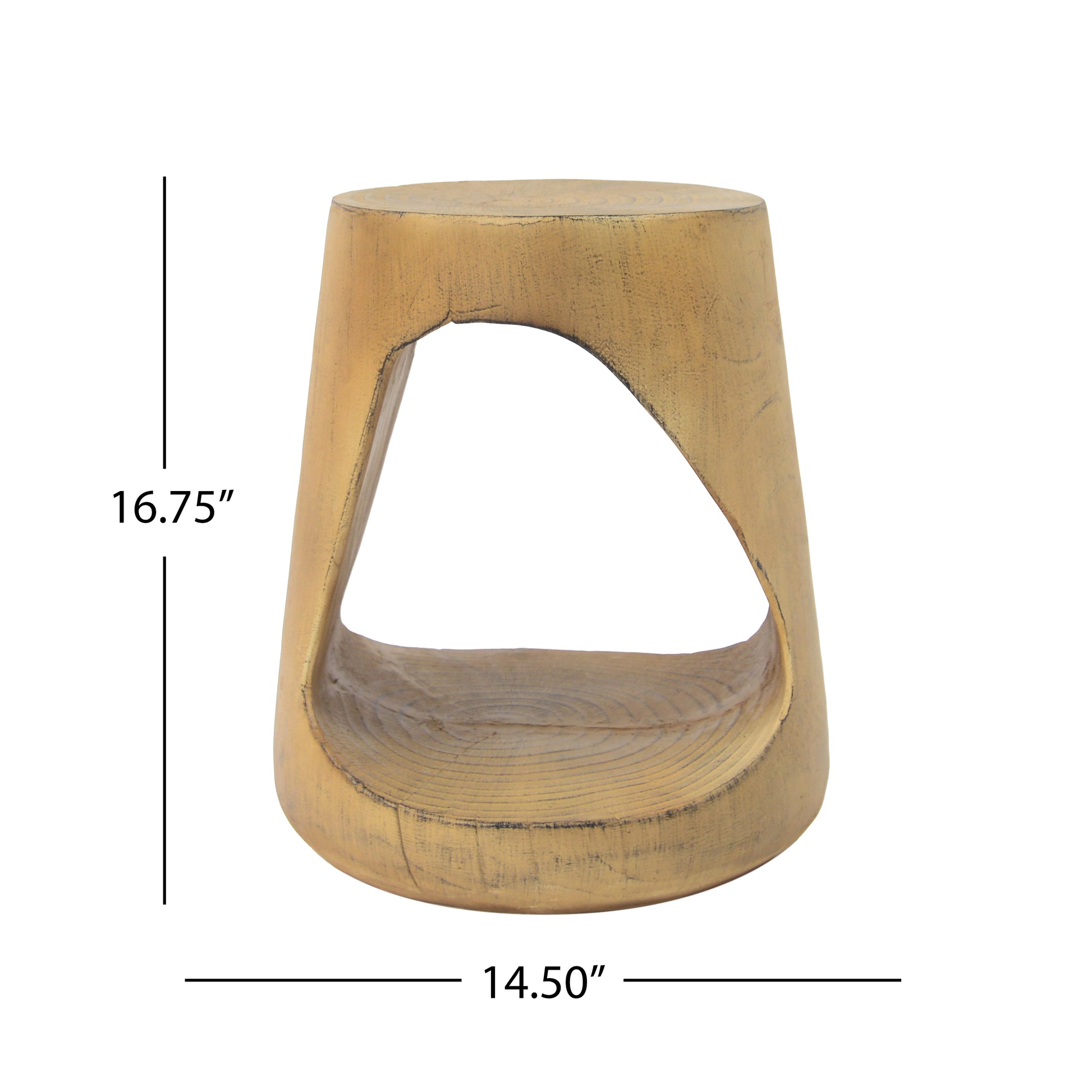 Rustic carved wood accent stool in antique gold finish with cutout base Modern organic side table