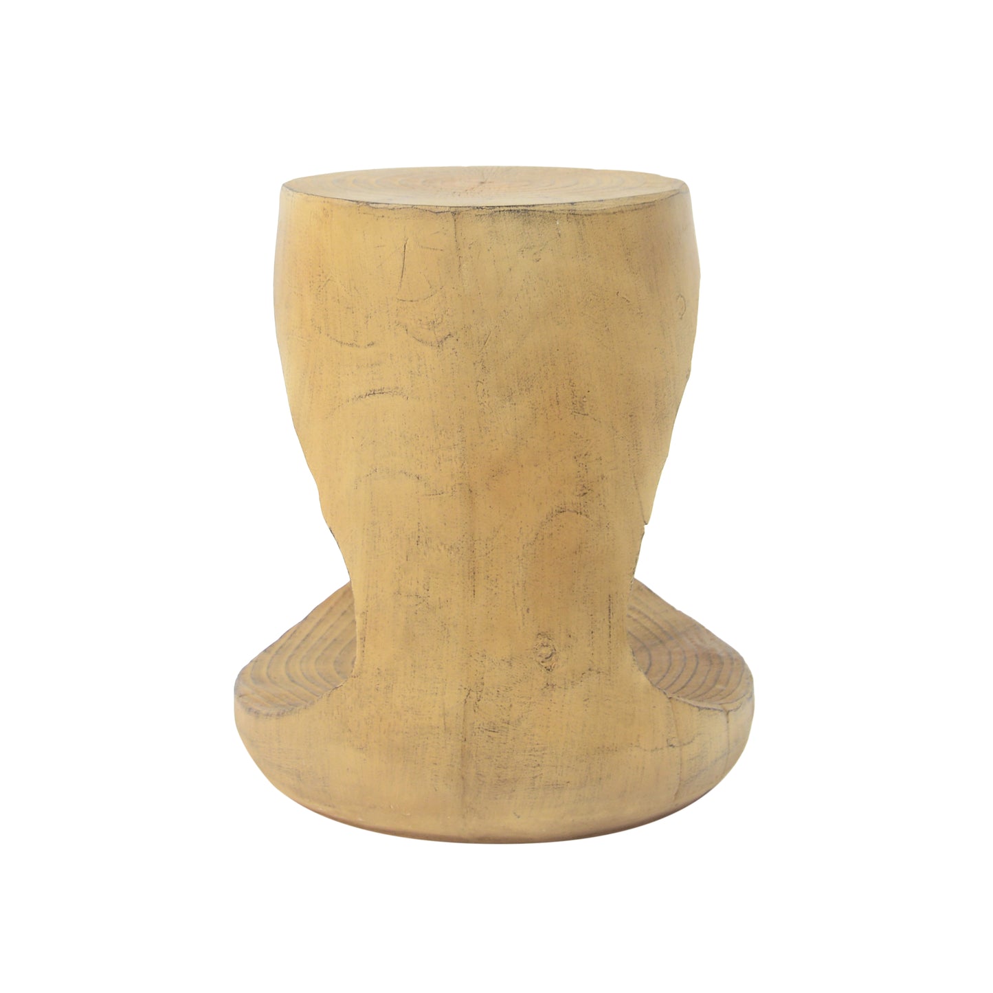Rustic wooden stool with carved detail and natural wood grain texture