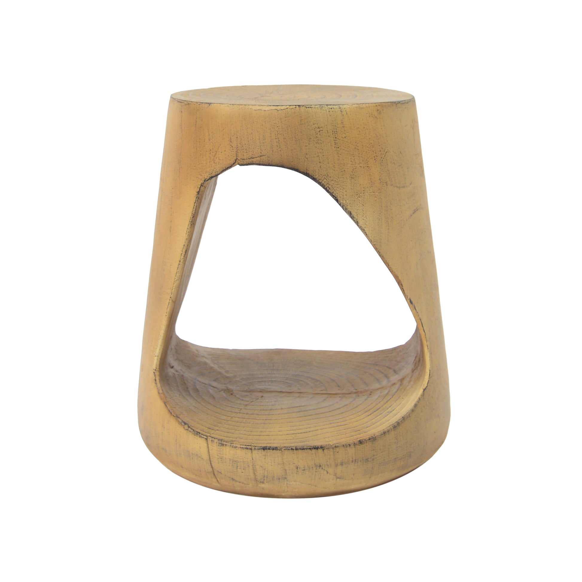 Golden carved wooden accent stool with an open curved design