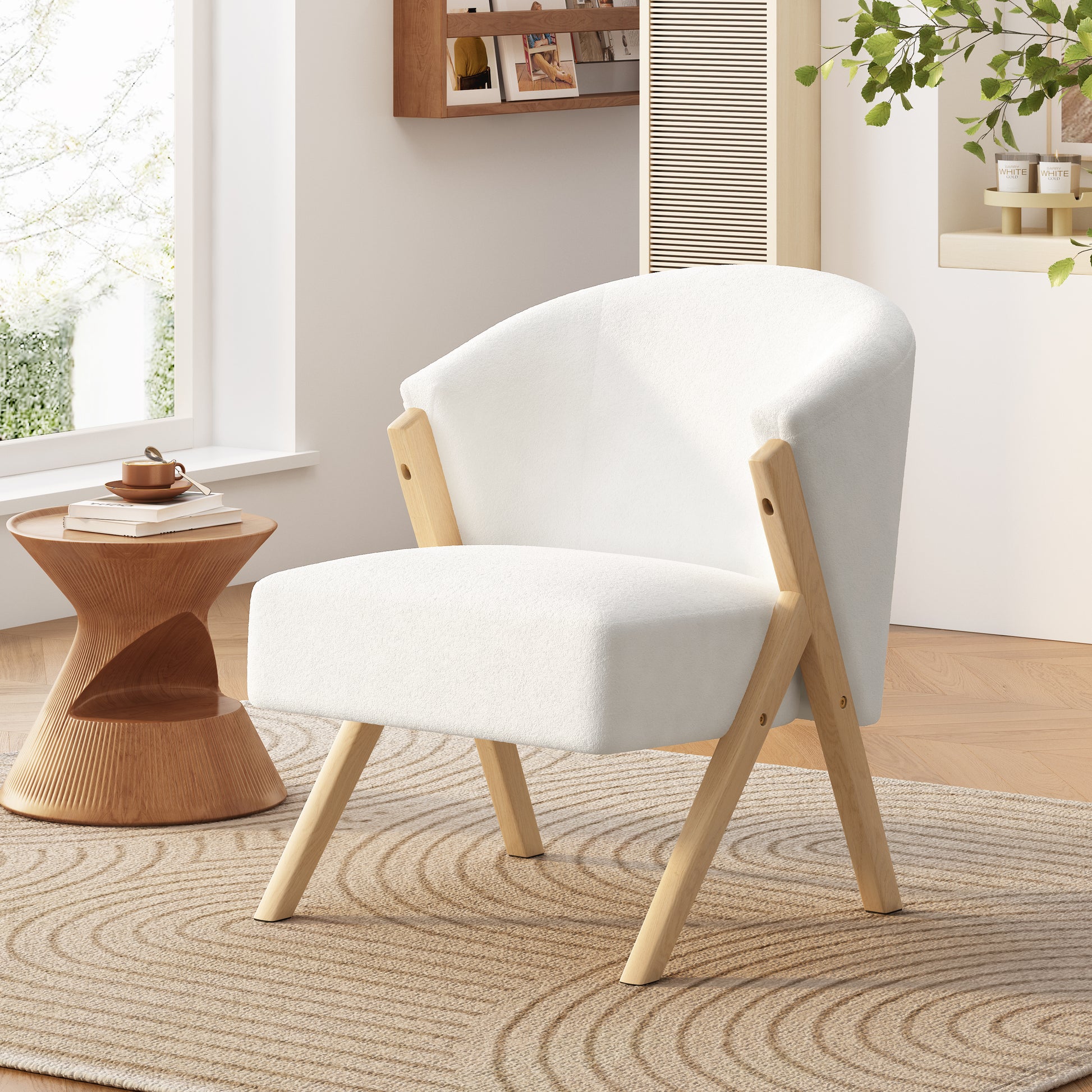 Plush white accent chair with natural wood legs perfect for a modern living room