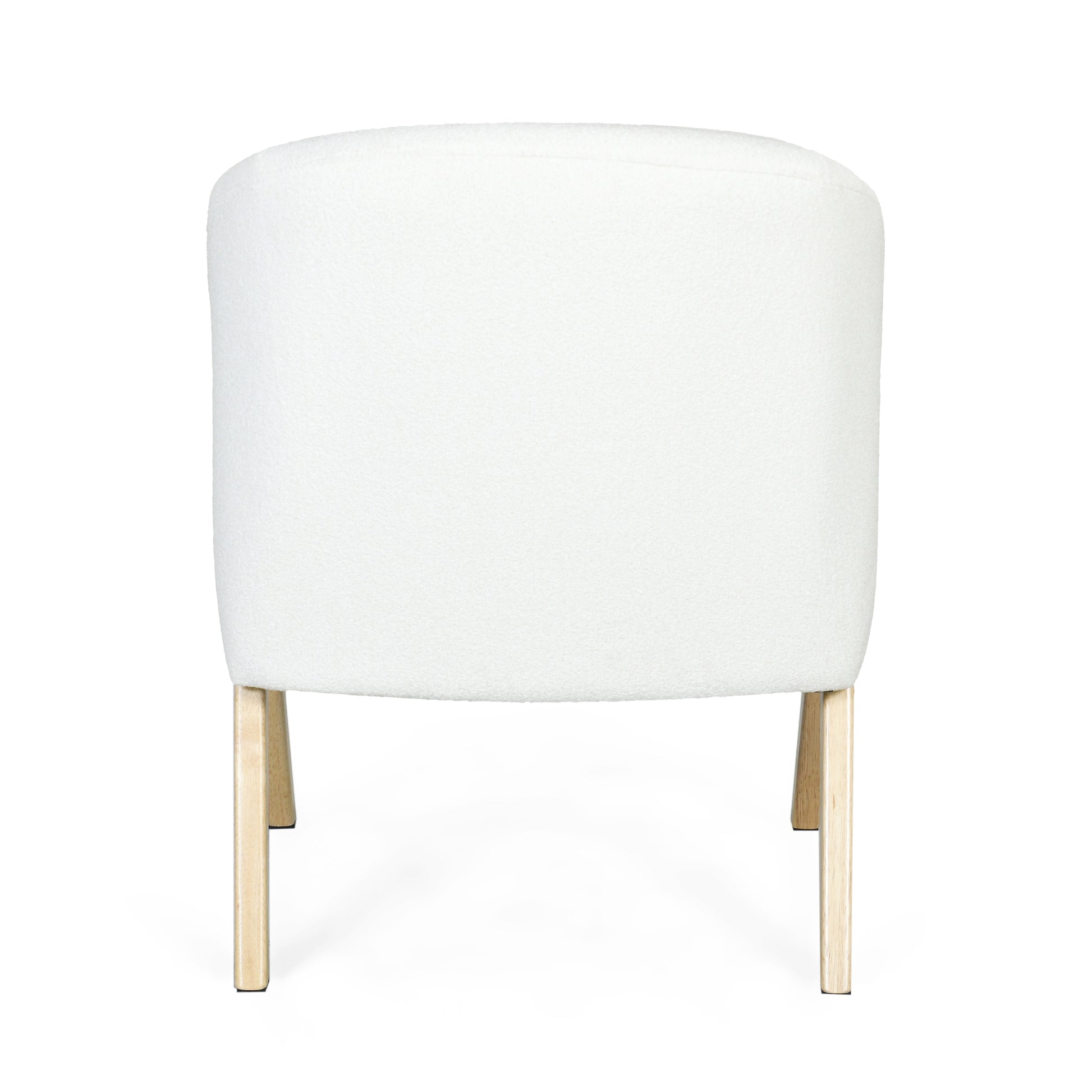 Cozy white boucle fabric armchair with light wood legs