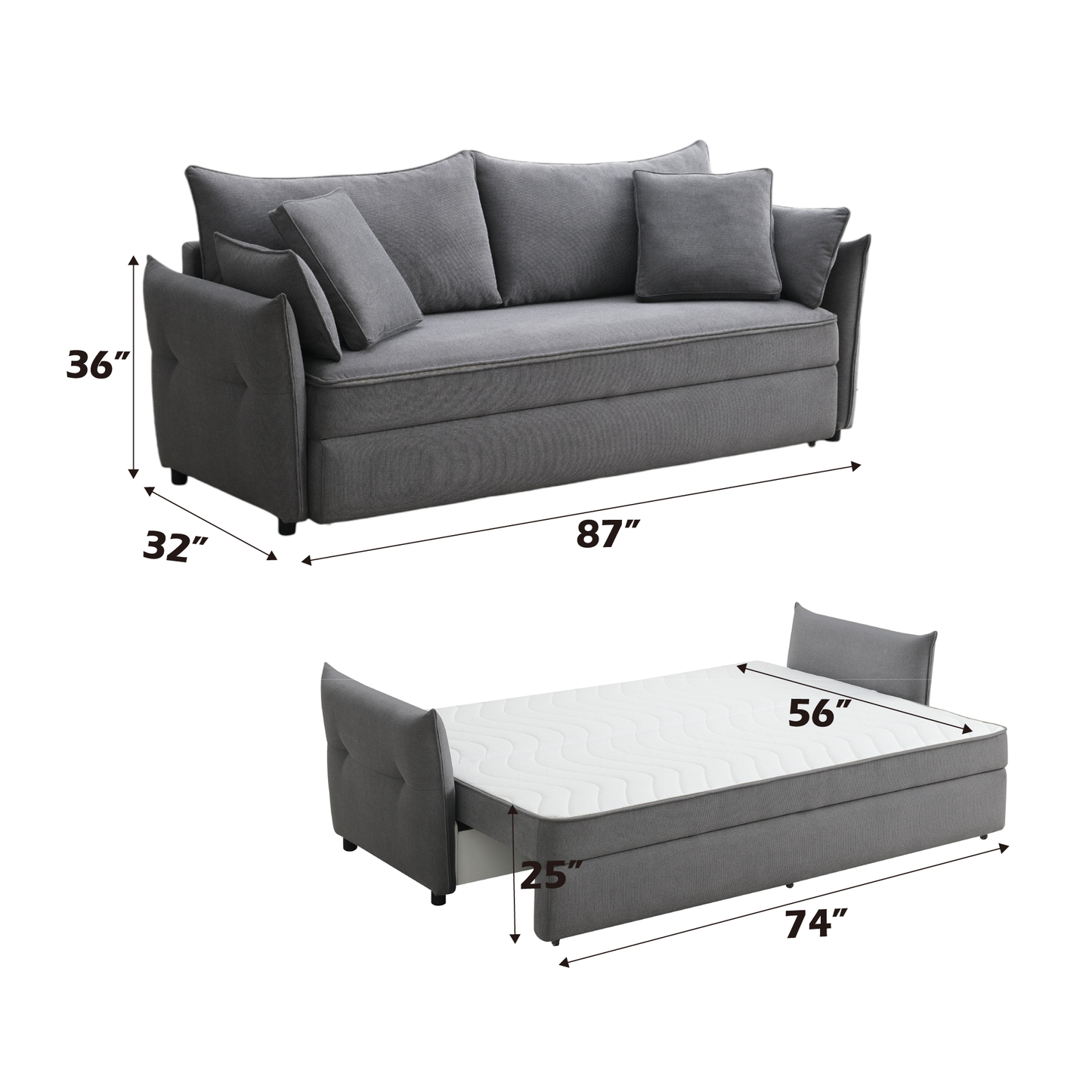 Gray fabric sofa bed open with mattress  inches long