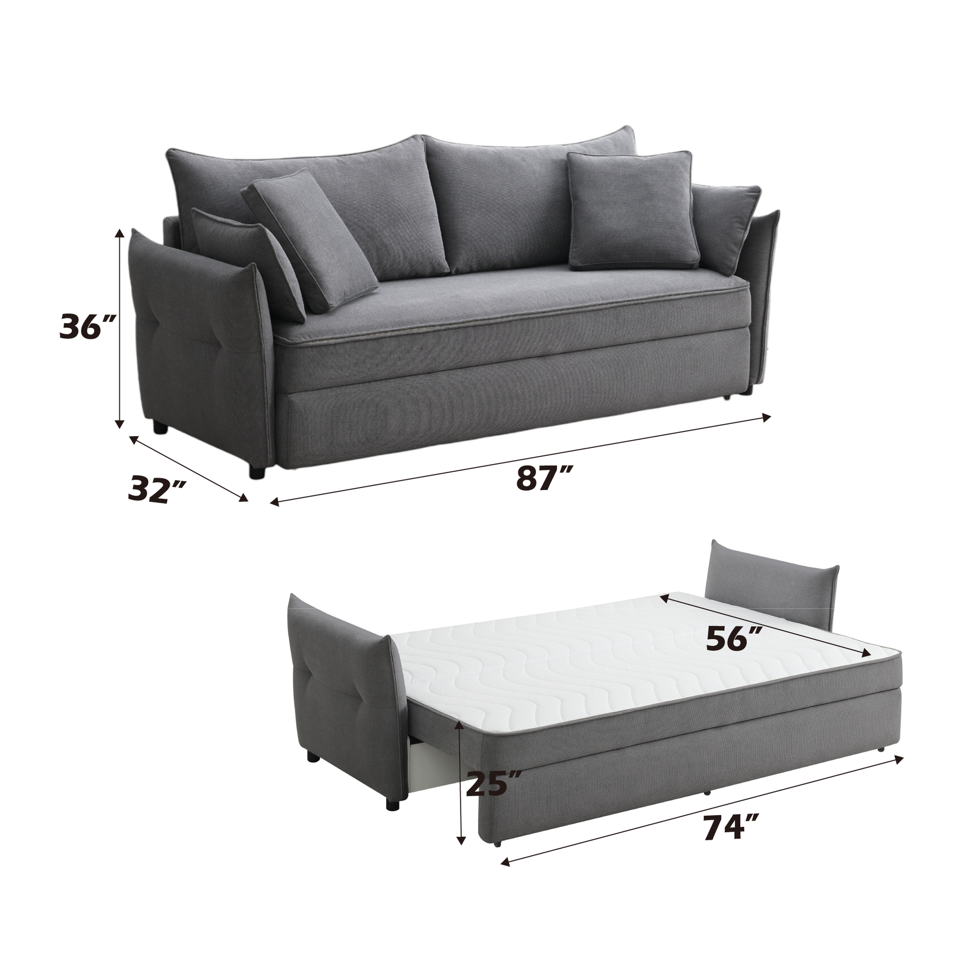 Gray fabric sofa bed open with mattress  inches long