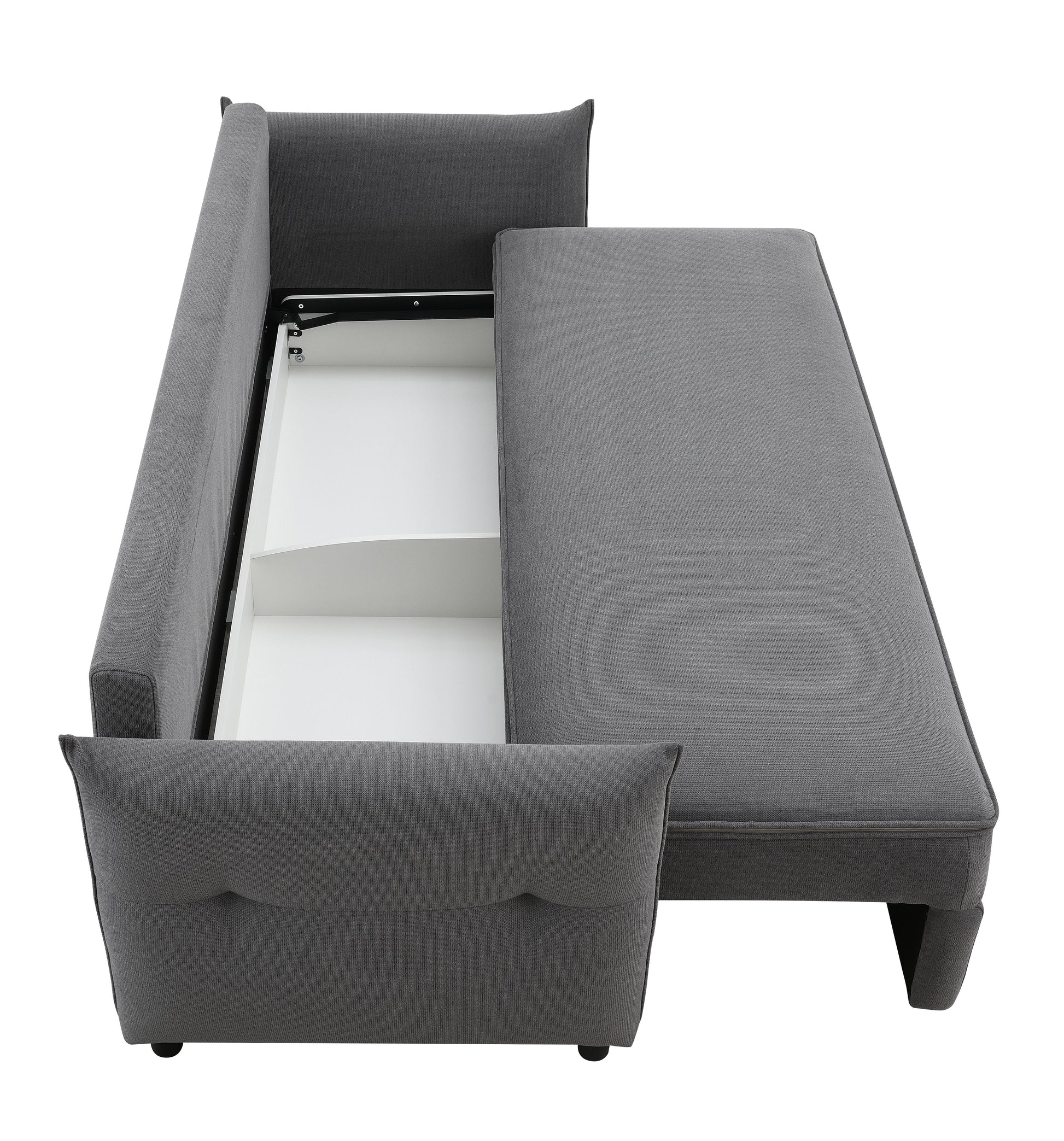 Dark grey fabric sofa bed with pullout storage compartment open perfect for small spaces