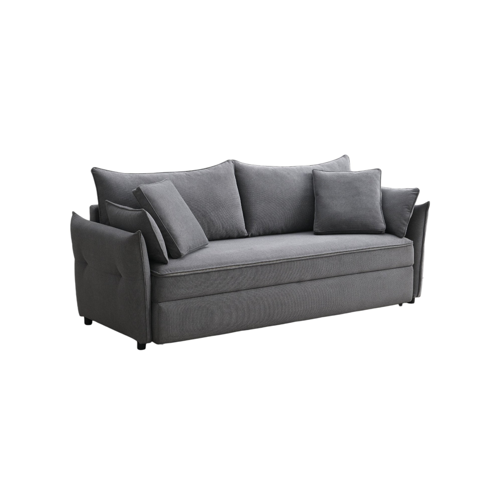 Gray fabric sofa with plush cushions and tufted arms perfect for living rooms