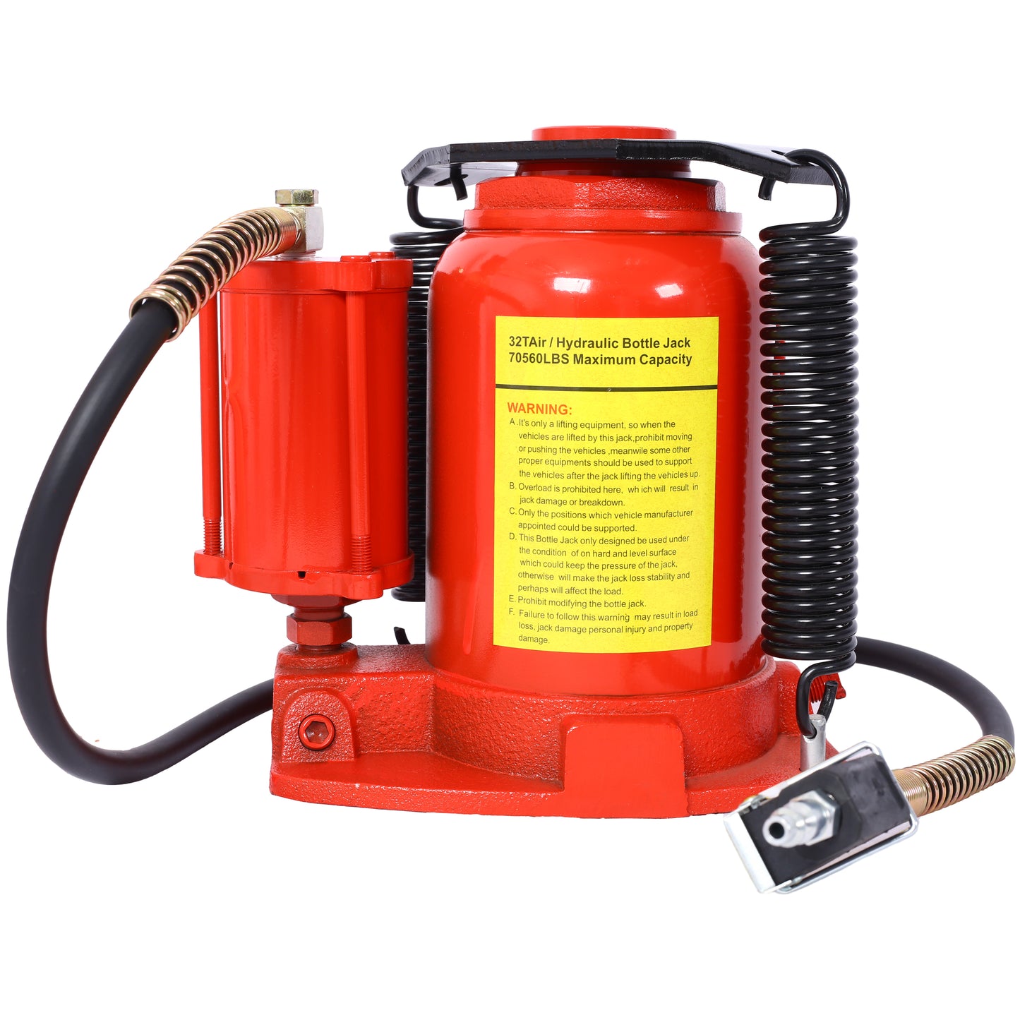 Red ton air hydraulic bottle jack with a reinforced base and hose for vehicle lifting