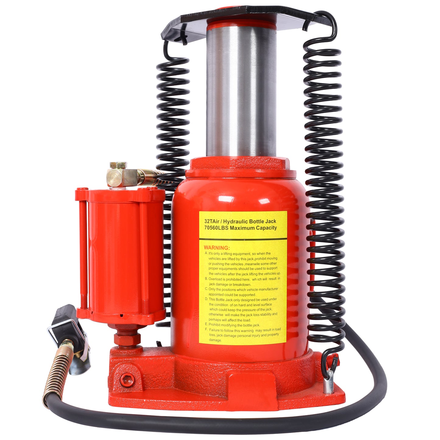Red ton air hydraulic bottle jack with a maximum capacity of  lbs