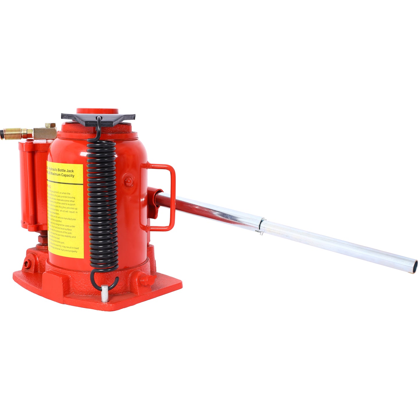 Red hydraulic bottle jack with a ton maximum capacity and a silver lifting handle