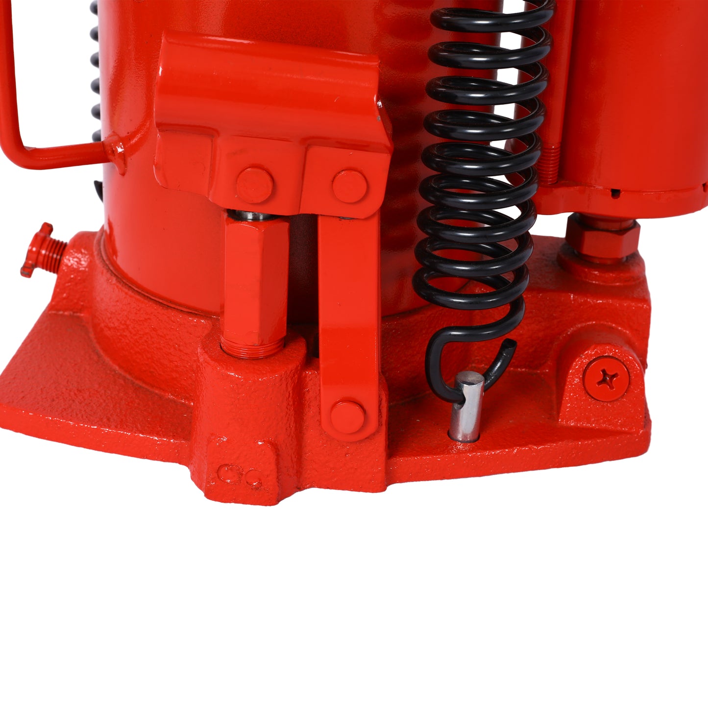 Red hydraulic bottle jack base with visible spring mechanism and lift arm