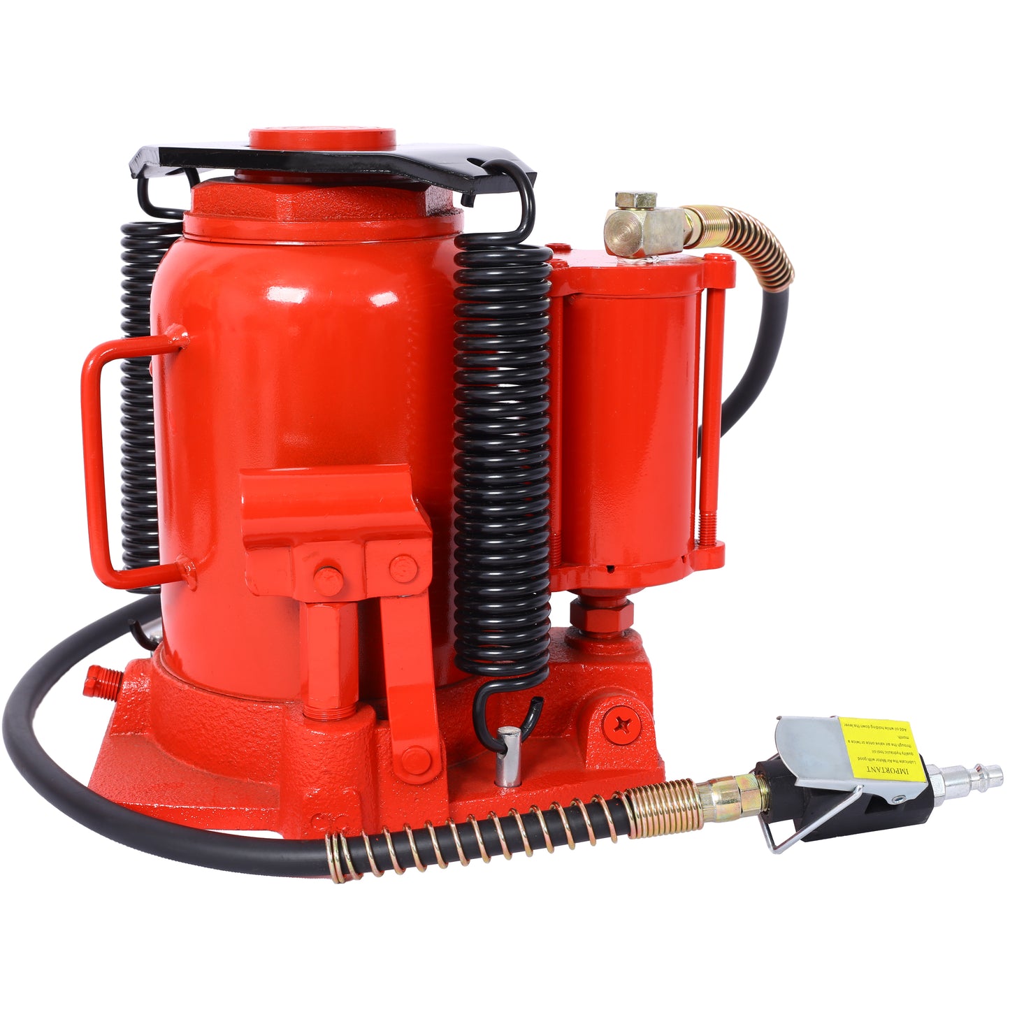 Red  ton hydraulic bottle jack with dual springs and air hose attachment
